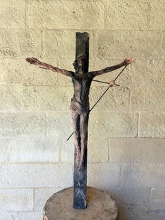 Un Christ by Cécile Raynal - stoneware sculpture, steel, oak plinth