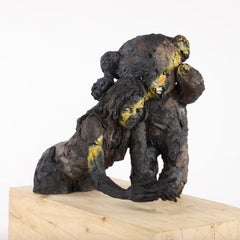 Wait (with Carole) by Cécile Raynal - Stoneware sculpture, female figure, bear