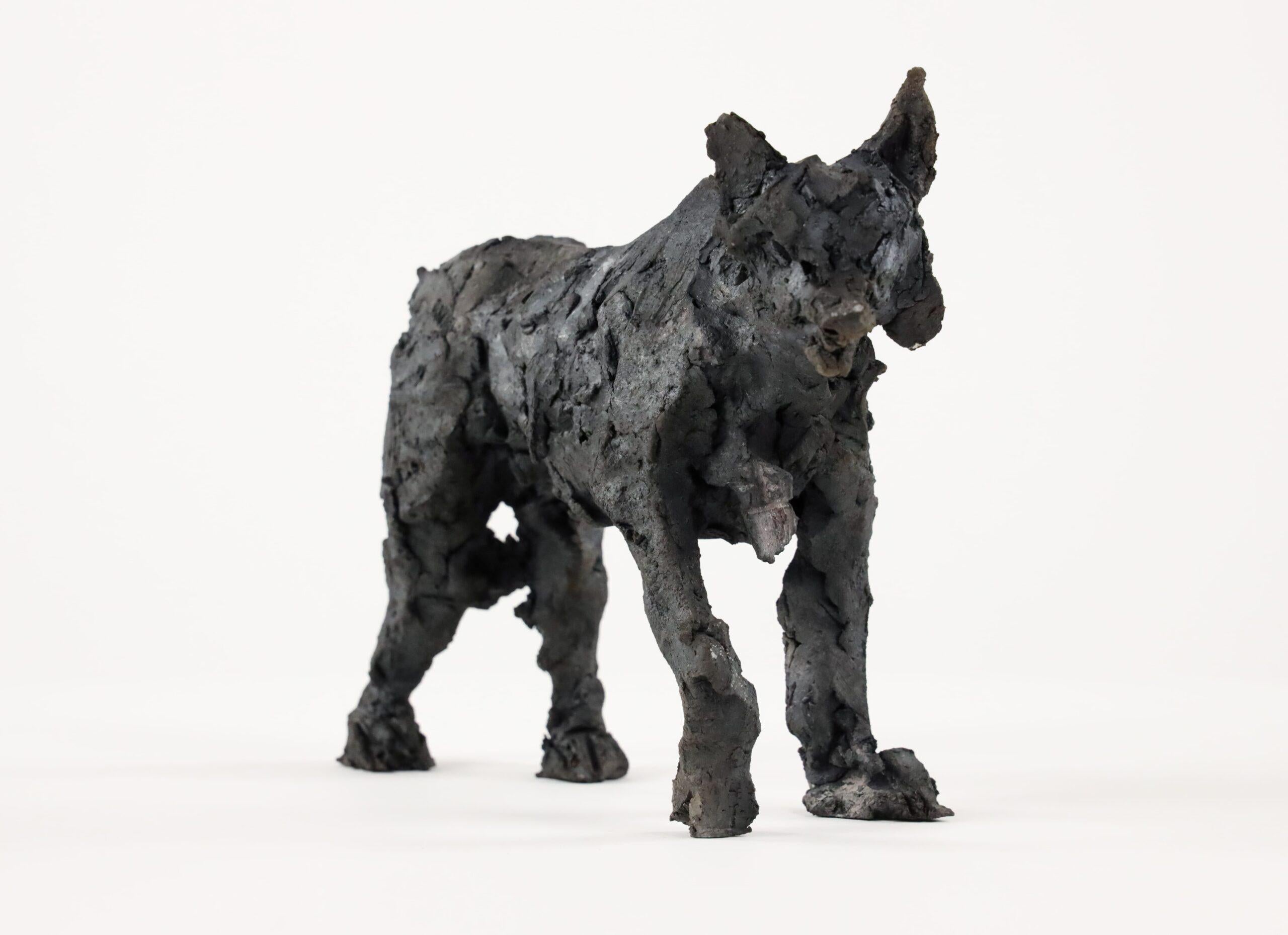 Wolf II by Cécile Raynal - Animal smoke-fired sandstone sculpture, unique For Sale 14