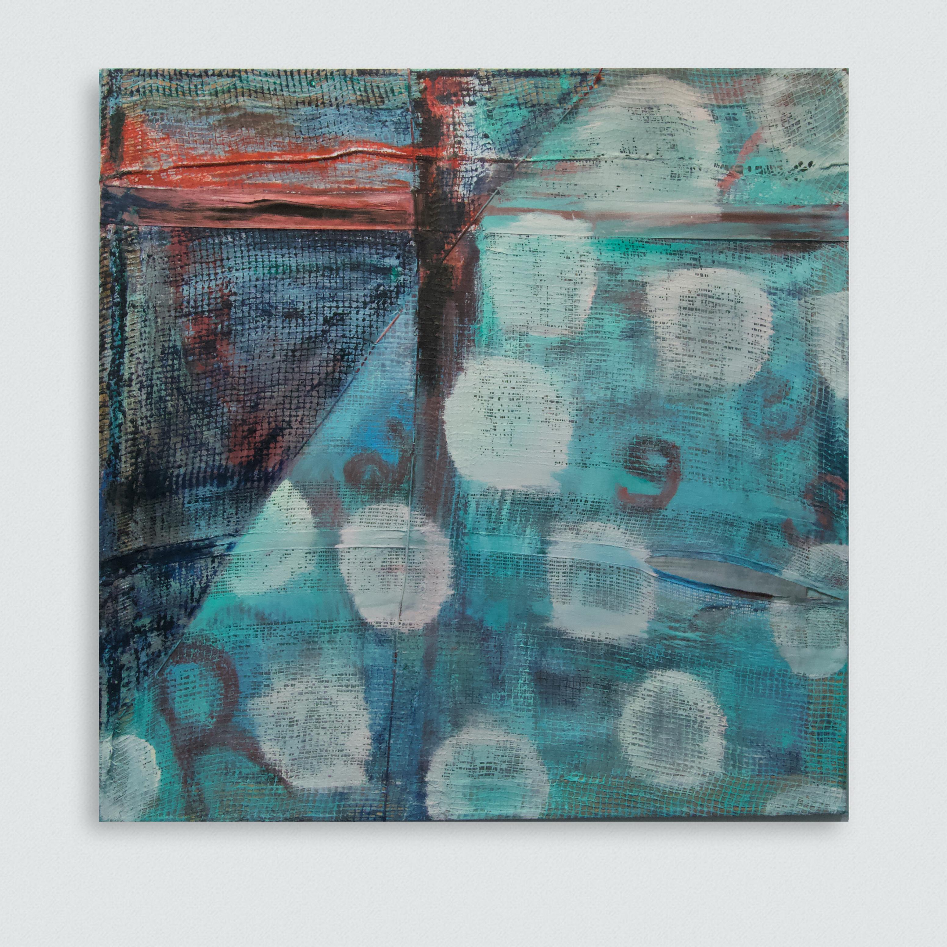 Cecilia André Abstract Painting - Rags and Rage, turquoise contemporary textural abstract with white dots