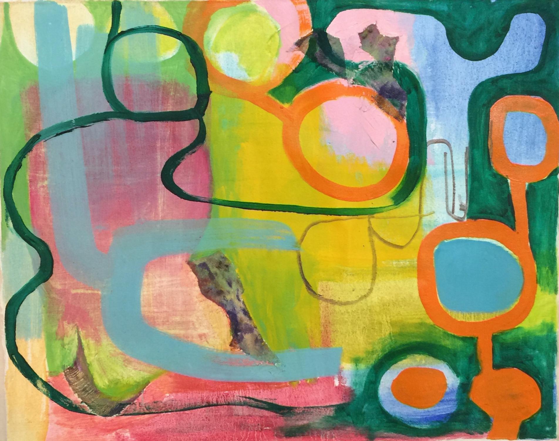 Cecilia André Abstract Painting - Sertão, colorful contemporary gestural abstract in yellow, green, blue, orange