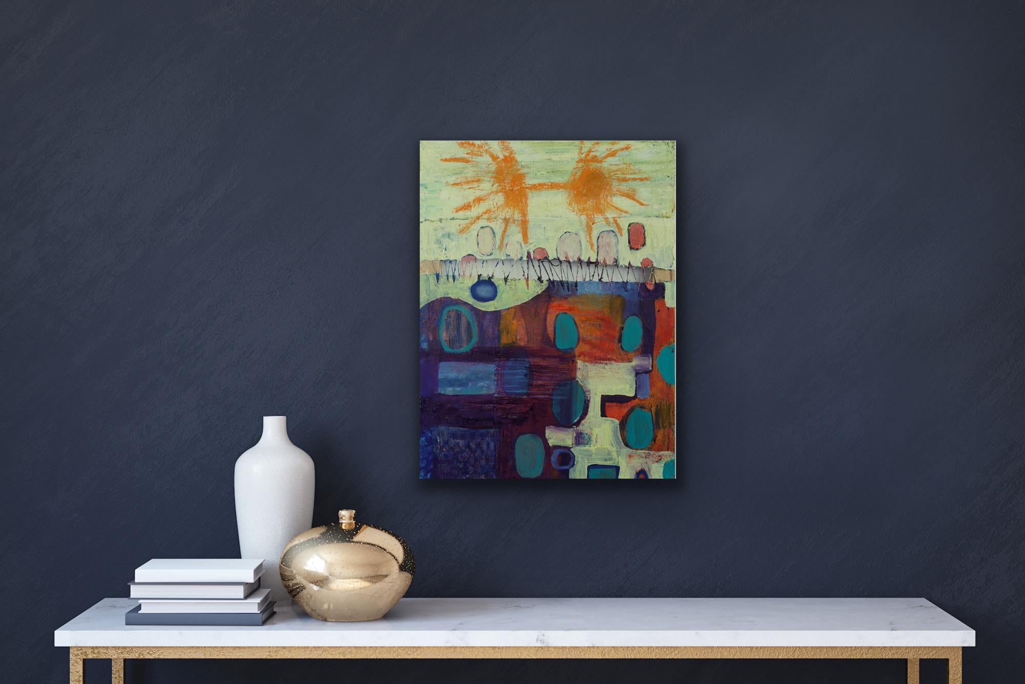 Two Suns, stitched canvas urban landscape abstraction - Painting by Cecilia André 