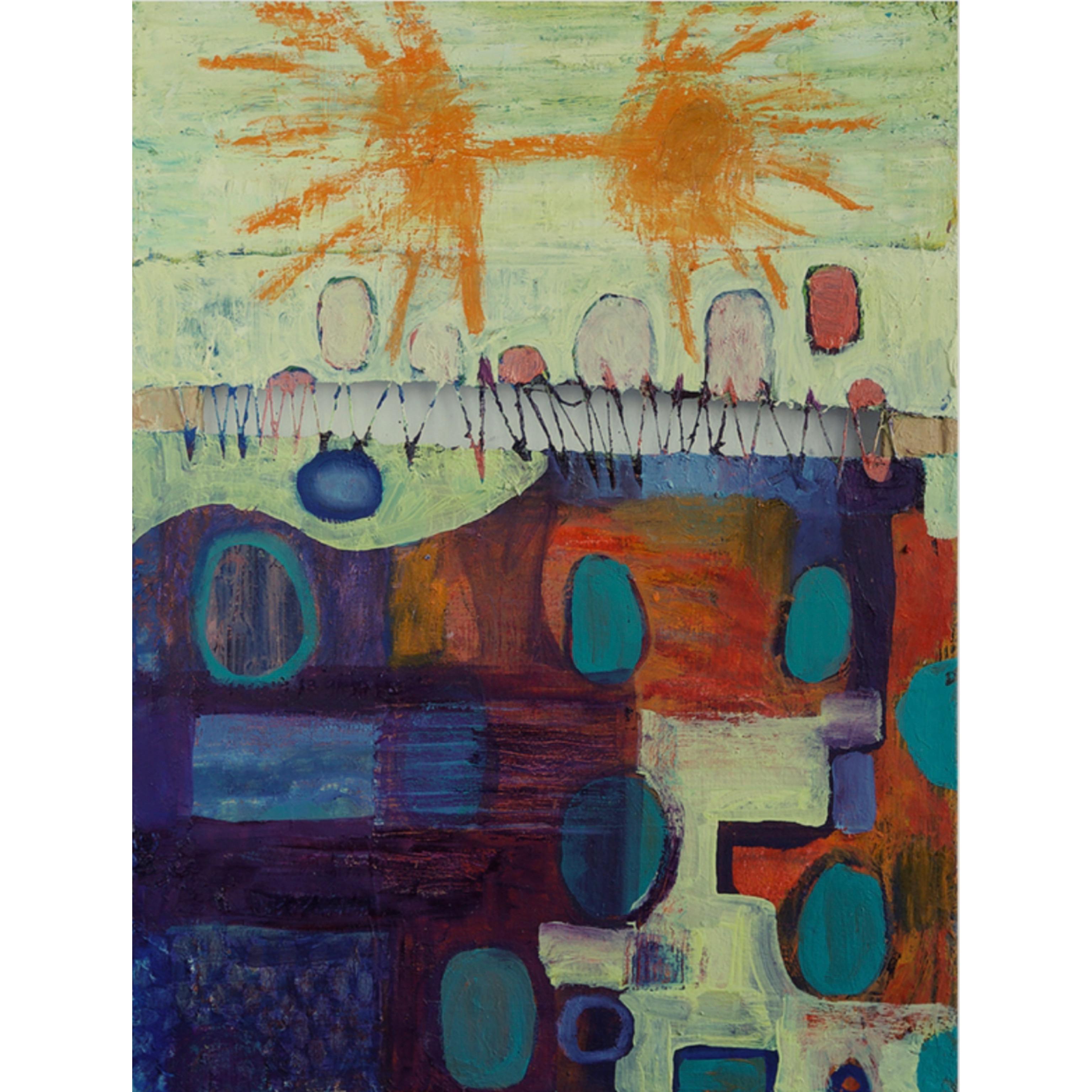 Cecilia André  Abstract Painting - Two Suns, stitched canvas urban landscape abstraction