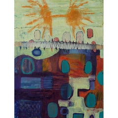 Two Suns, stitched canvas urban landscape abstraction