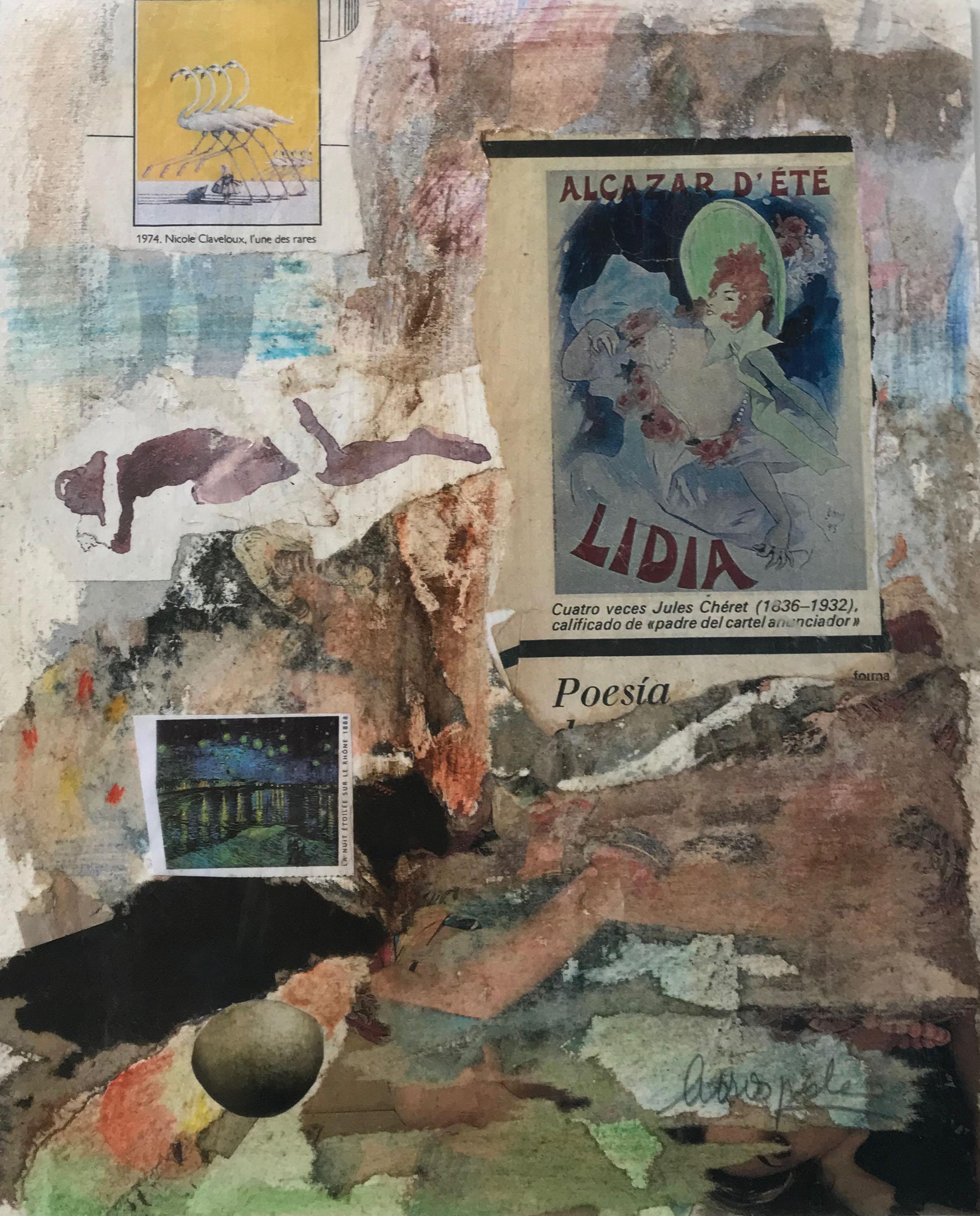 Poesía
Collage
27 x 23

Mi obra es principalmente abstracta, diría que expresionismo abstracto. Me encanta pintar al óleo, me da muchas posibilidades que no encuentro en otros medios. Cuando trabajo con collages sobre papel o madera utilizo