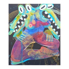 Peinture abstraite contemporaine de double figure biomorphique en alligator vert et rose