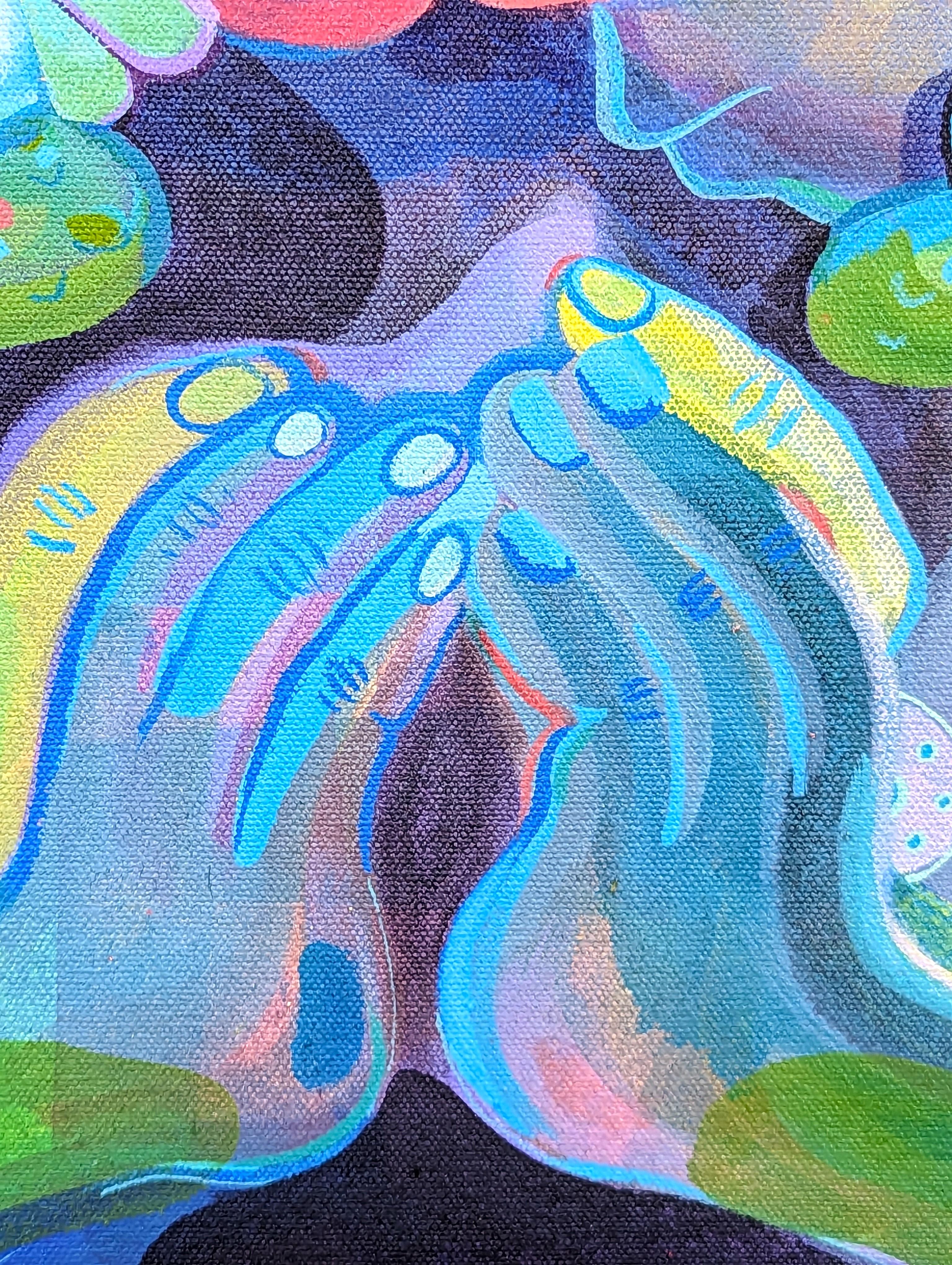 Pintura abstracta contemporánea de animales biomórficos en tonos verdes y morados en venta 5