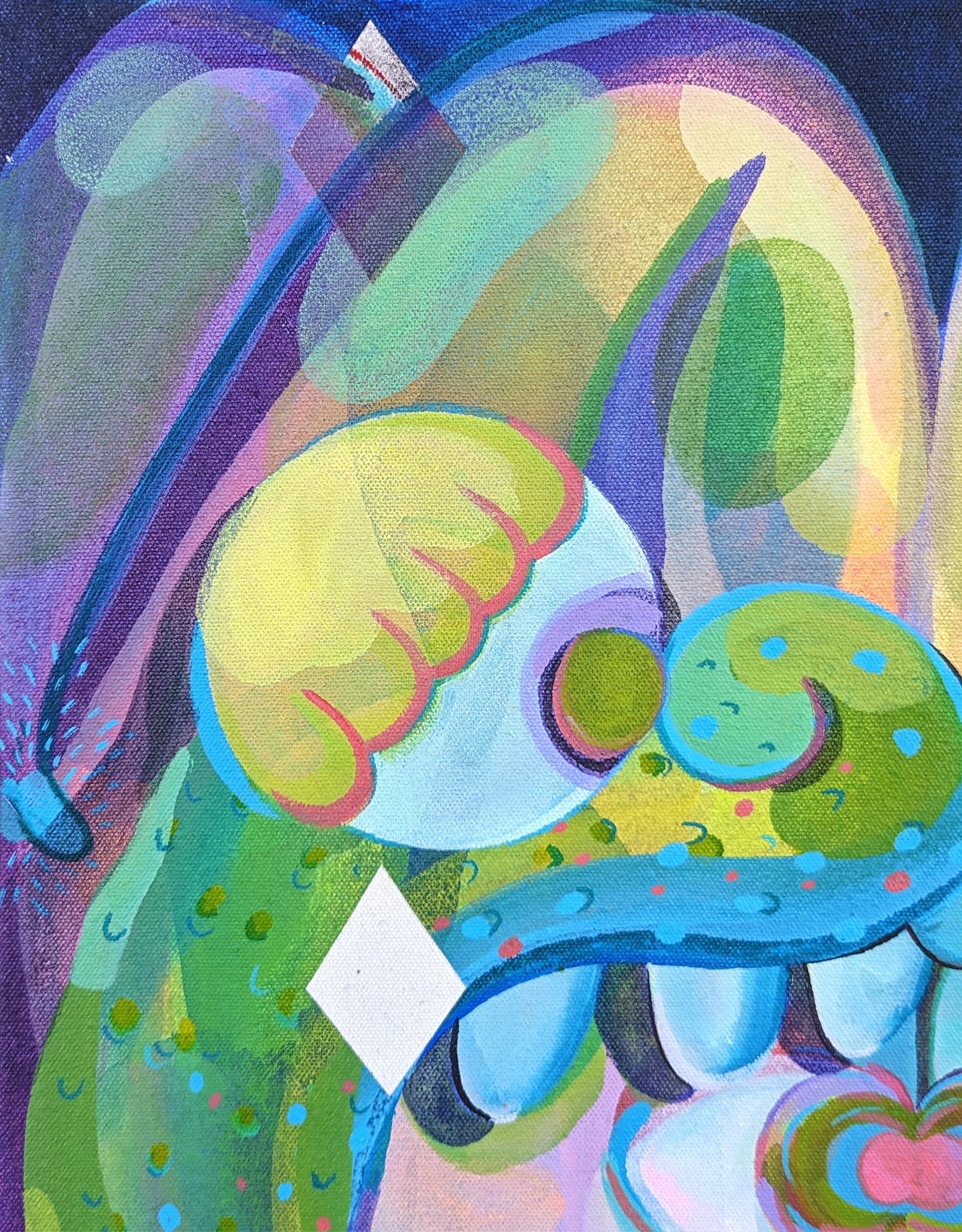 Pintura abstracta contemporánea de animales biomórficos en tonos verdes y morados - Painting Contemporáneo de Cecilia Beaven