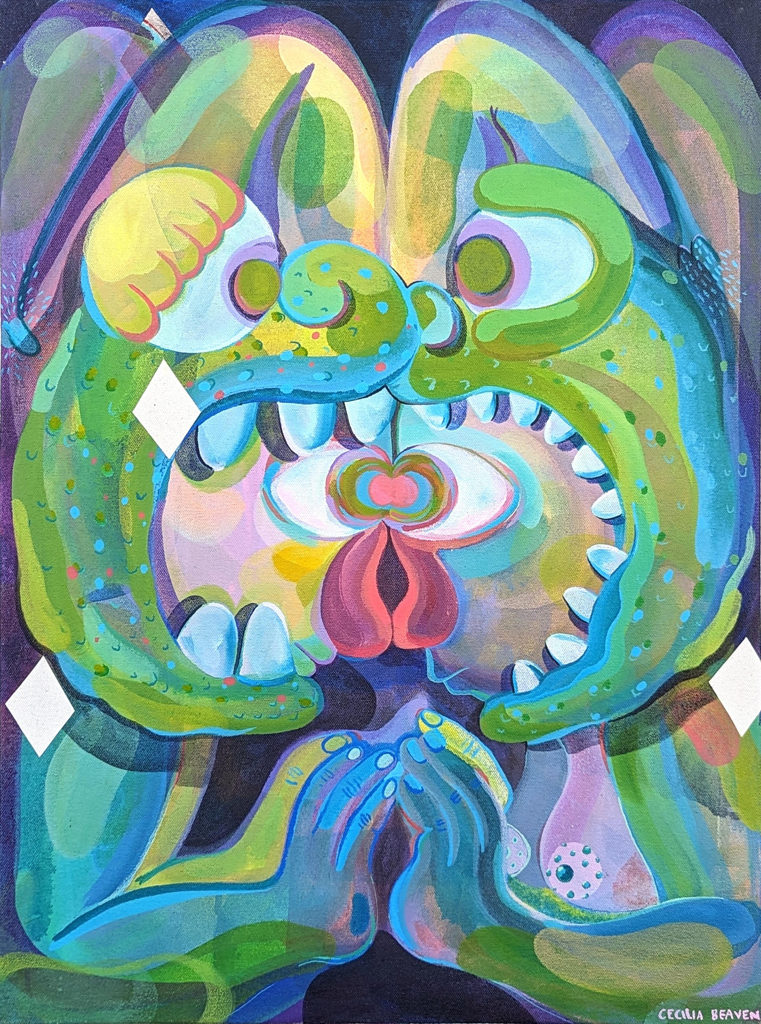Cecilia Beaven Abstract Painting - Contemporary Abstract Green and Purple Toned Biomorphic Animal Painting