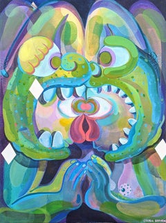 Contemporary Abstract Green and Purple Toned Biomorphic Animal Painting