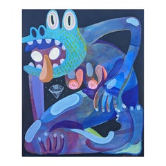 Peinture contemporaine abstraite de figure en lézard biomorphique verte, violette et bleue