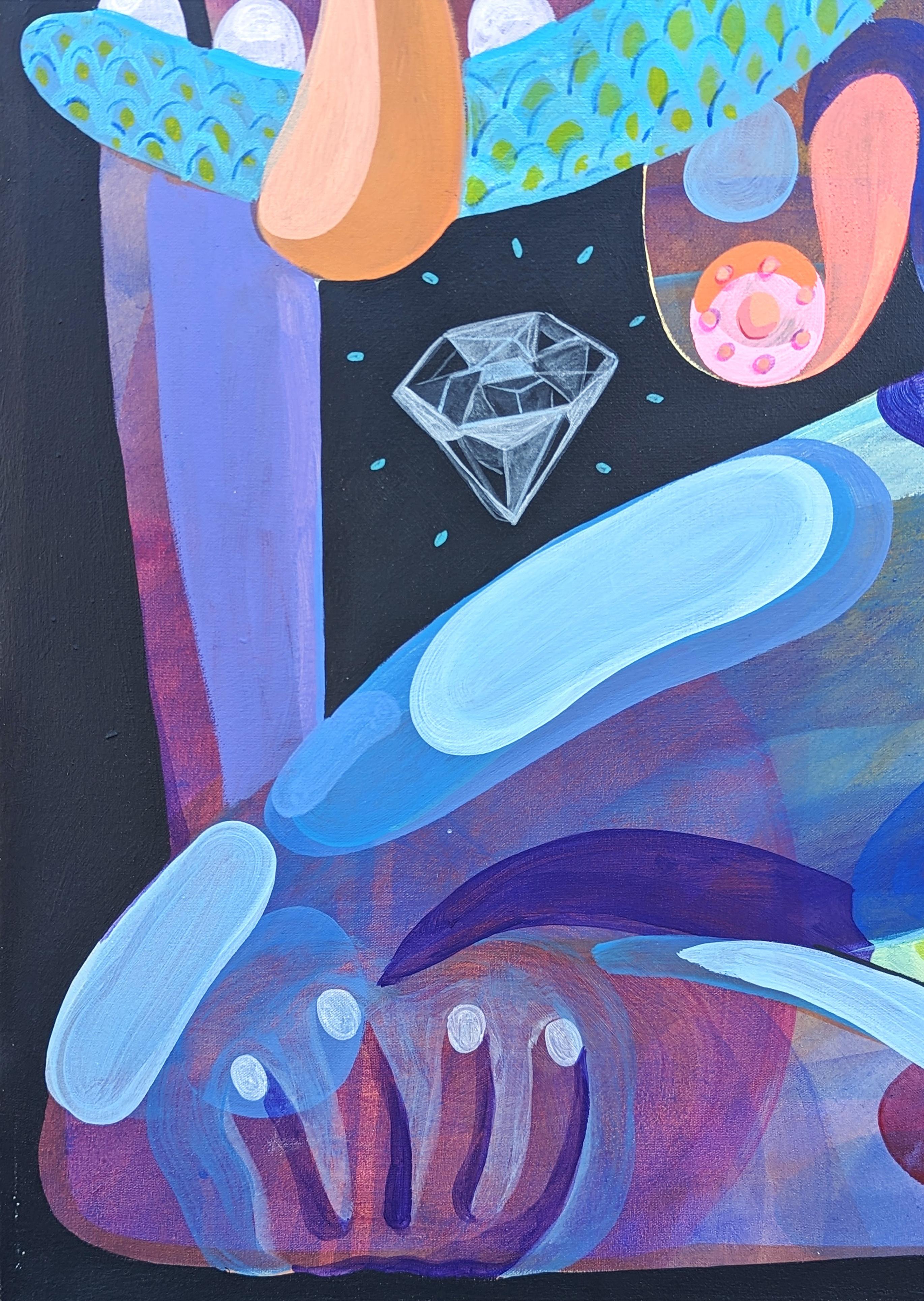 Quadro astratto contemporaneo dai toni verdi, viola e blu dell'artista di Chicago Cecilia Beaven. L'opera presenta una figura contorta ispirata a una lucertola o a un alligatore. Cecilia Beaven attinge alla sua vita giovanile a Città del Messico e