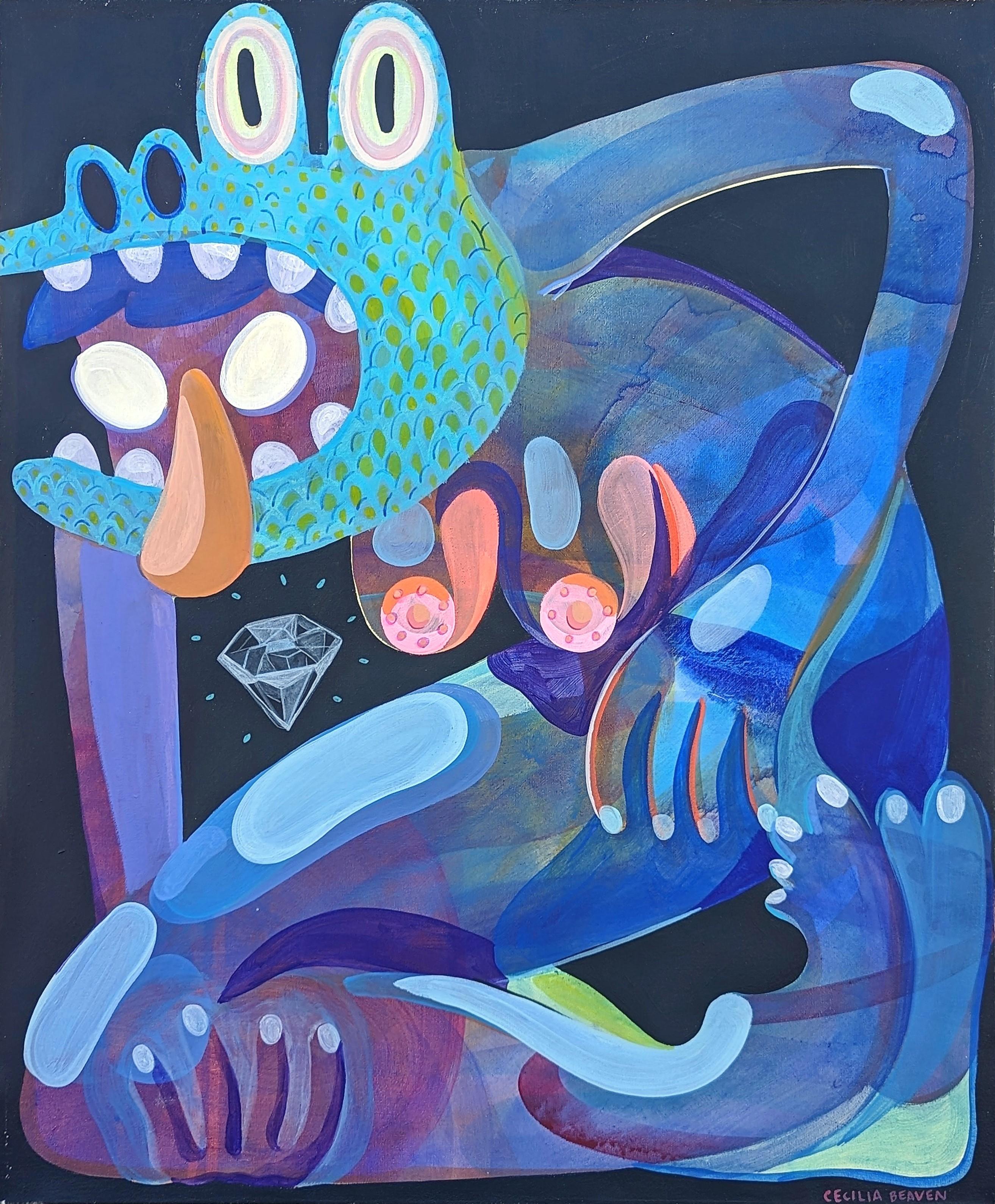 Cecilia Beaven Figurative Painting - Contemporary Abstract Green, Purple, and Blue Biomorphic Lizard Figure Painting