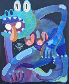Contemporary Abstract Green, Purple, and Blue Biomorphic Lizard Figure Painting