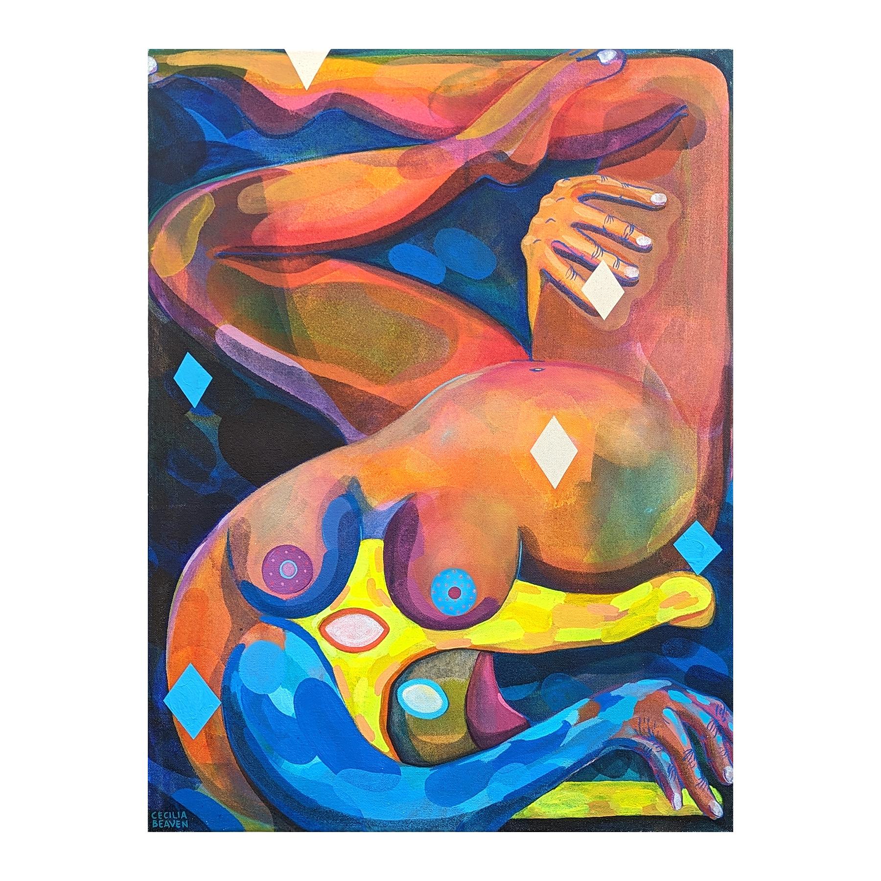 Peinture abstraite contemporaine de figure biomorphique en alligator aux tons orange et bleu - Painting de Cecilia Beaven