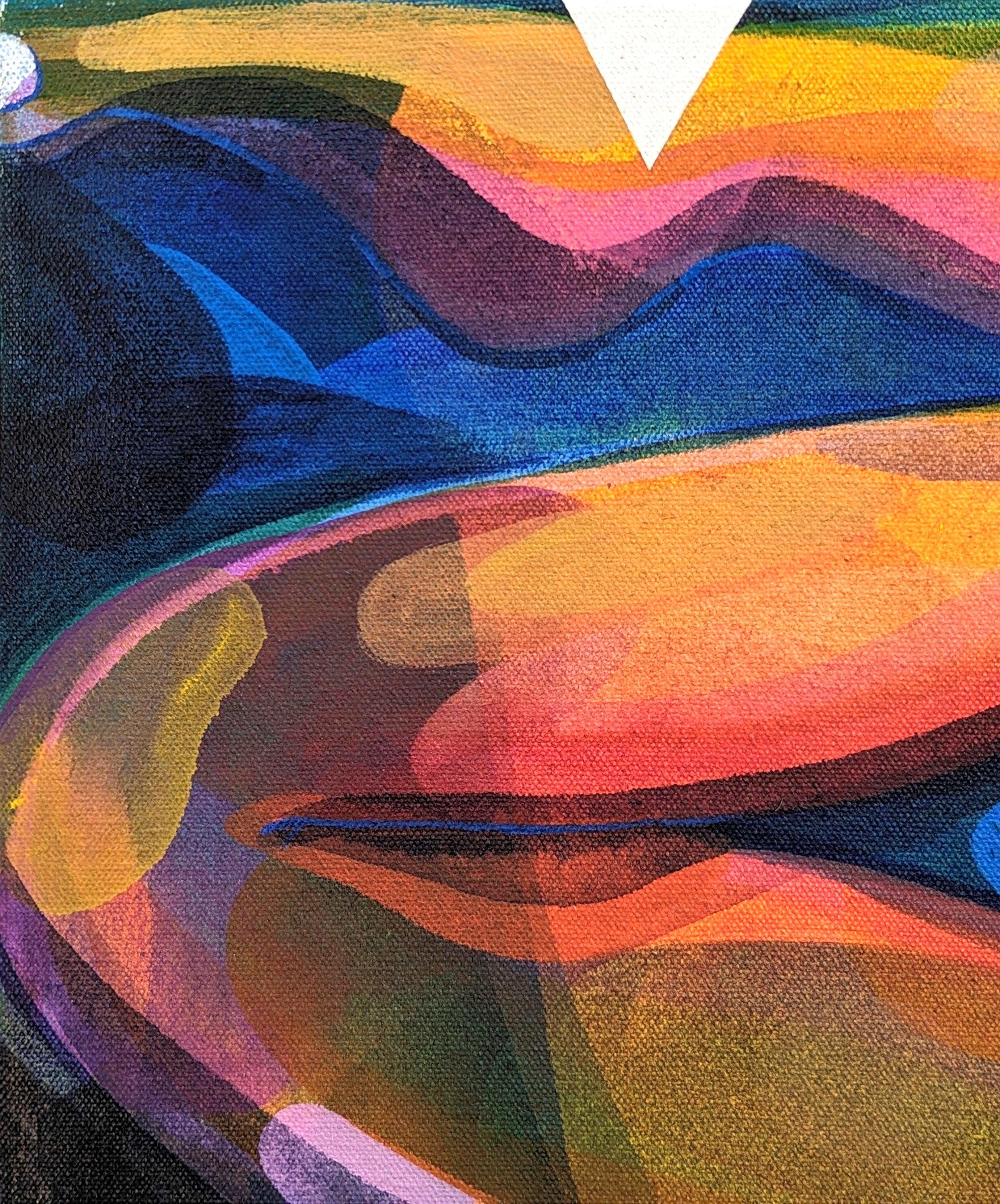 Peinture abstraite contemporaine de figure biomorphique en alligator aux tons orange et bleu - Contemporain Painting par Cecilia Beaven
