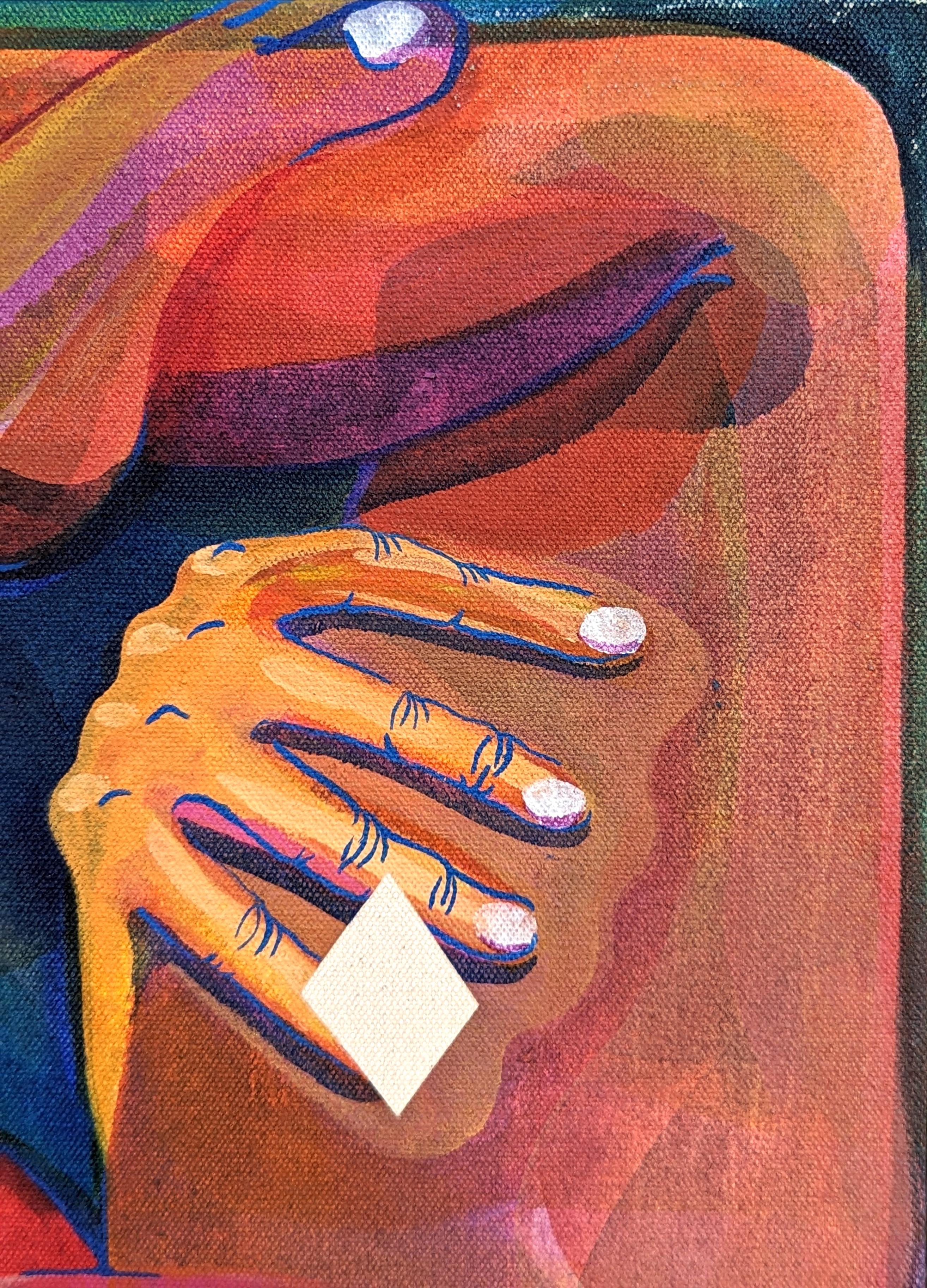 Peinture abstraite contemporaine aux tons orange et bleu de l'artiste Cecilia Beaven, basée à Chicago. L'œuvre présente une figure contournée inspirée d'un alligator. Cecilia Beaven s'inspire de son enfance à Mexico et de son introspection