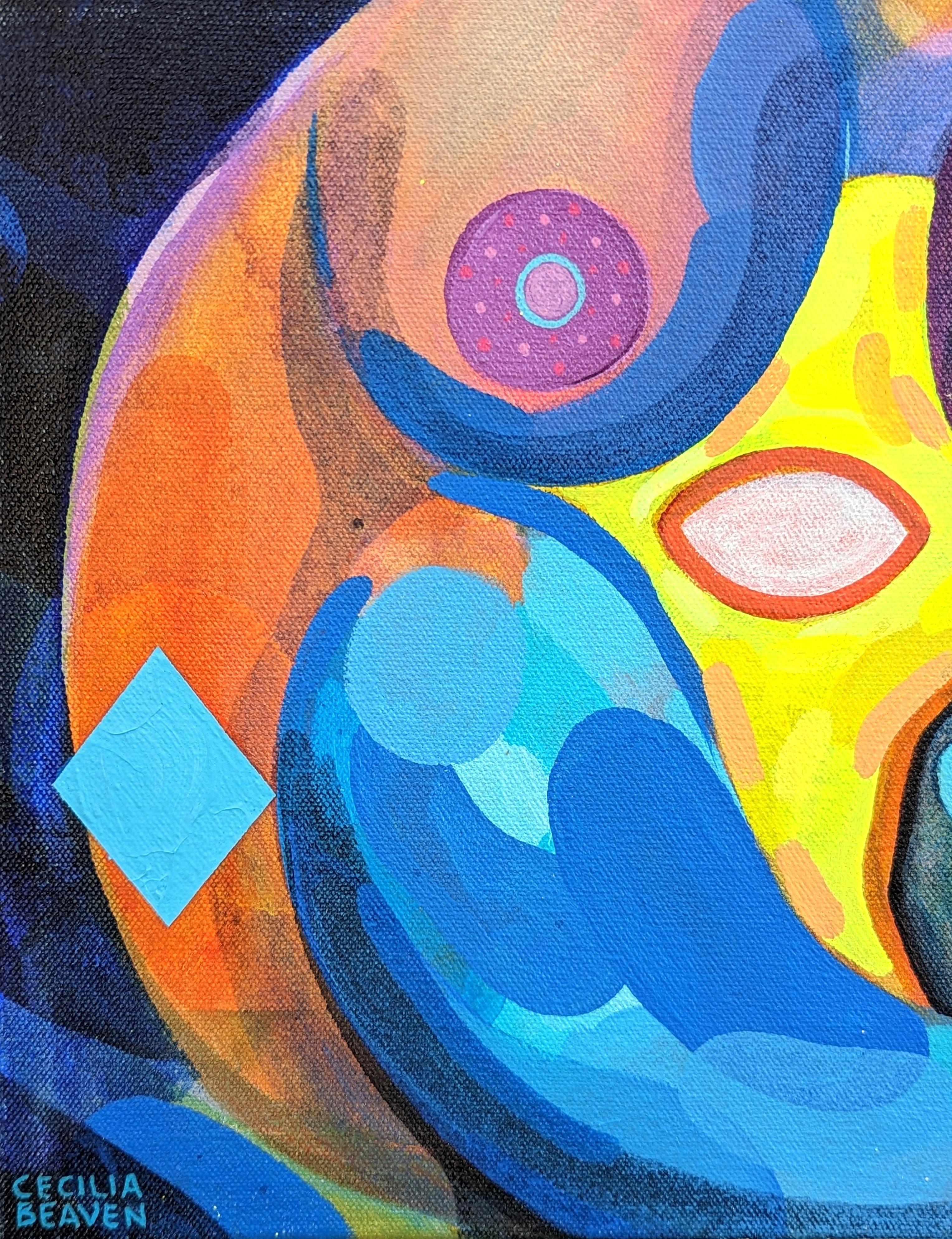 Peinture abstraite contemporaine aux tons orange et bleu de l'artiste Cecilia Beaven, basée à Chicago. L'œuvre présente une figure contournée inspirée d'un alligator. Cecilia Beaven s'inspire de son enfance à Mexico et de son introspection