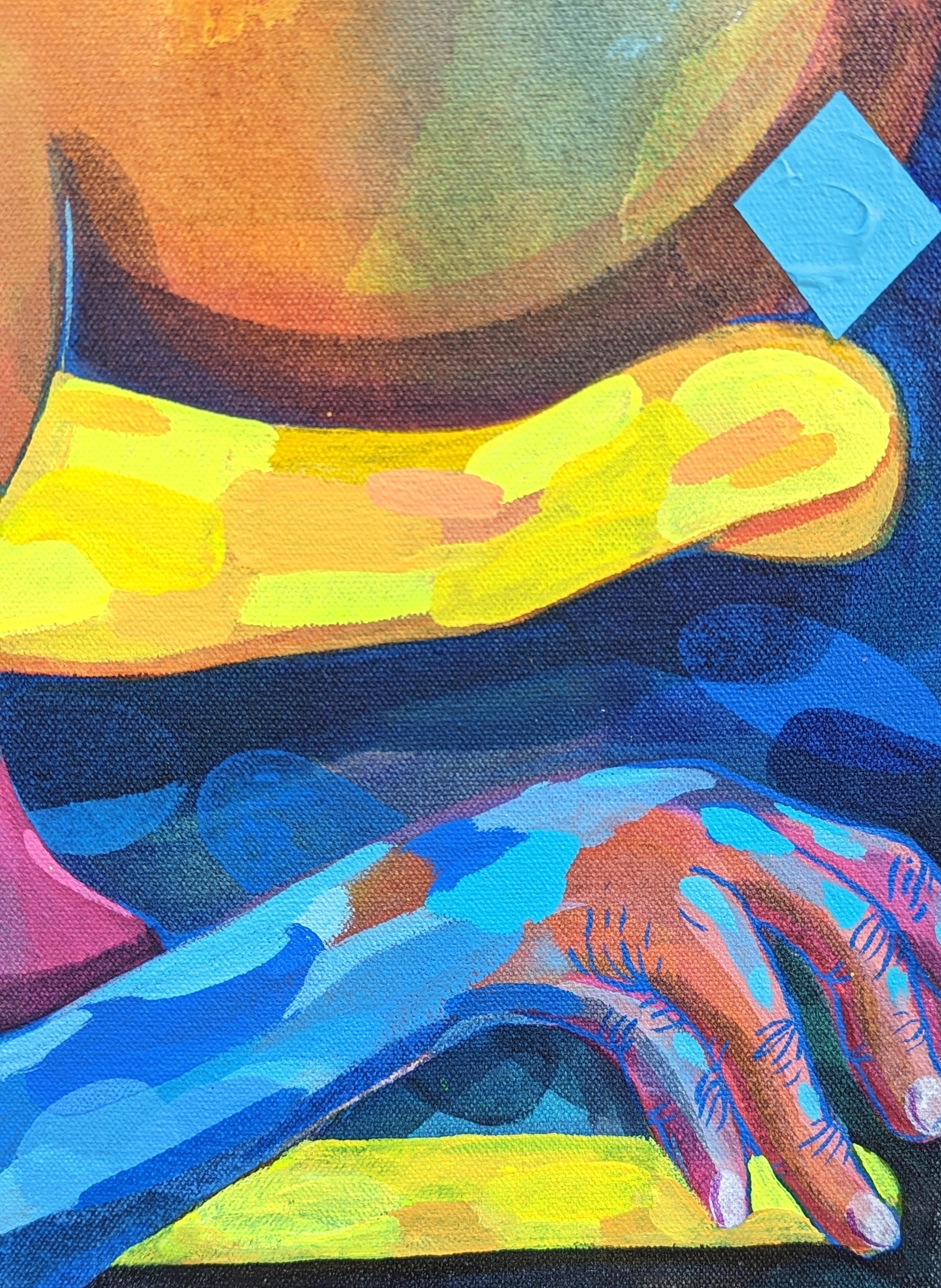 Peinture abstraite contemporaine de figure biomorphique en alligator aux tons orange et bleu en vente 1
