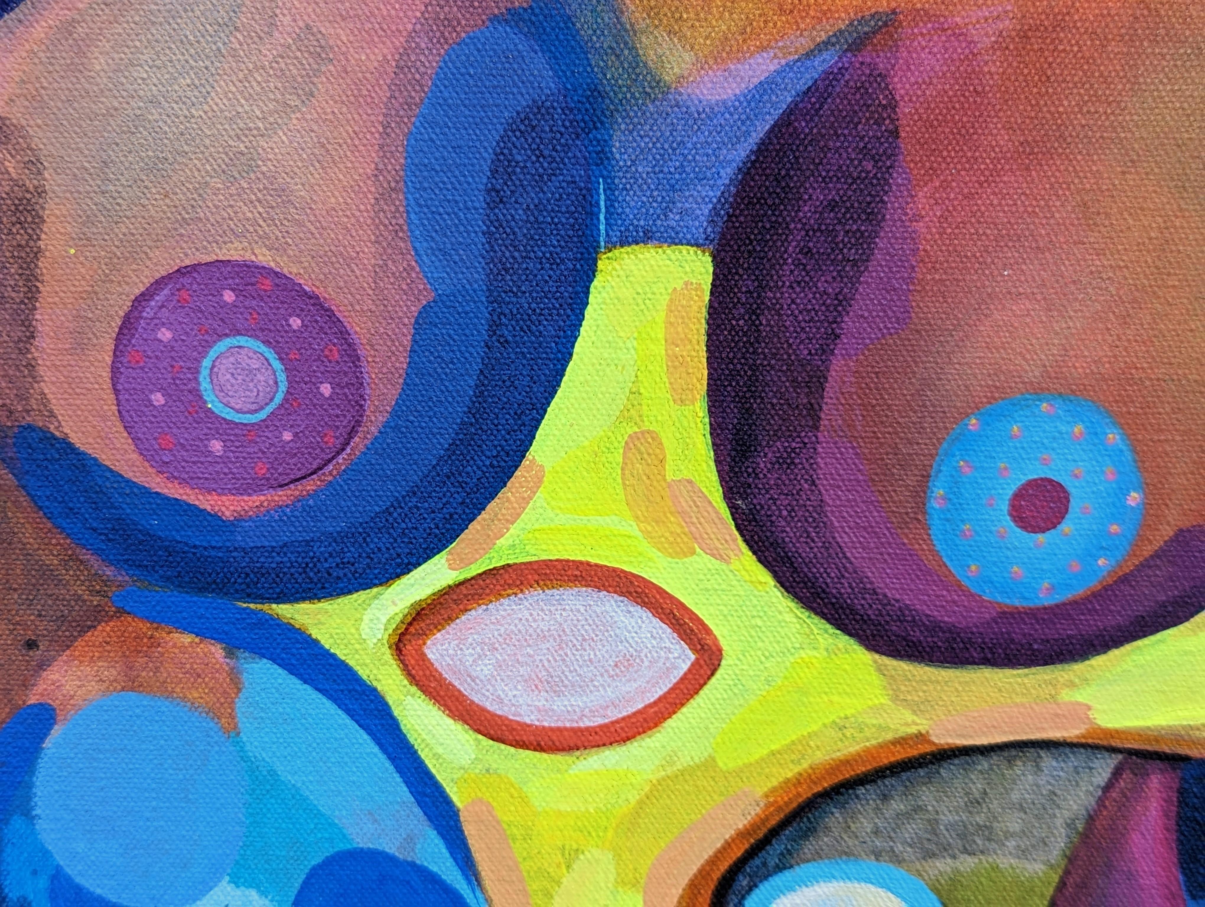 Peinture abstraite contemporaine de figure biomorphique en alligator aux tons orange et bleu en vente 4
