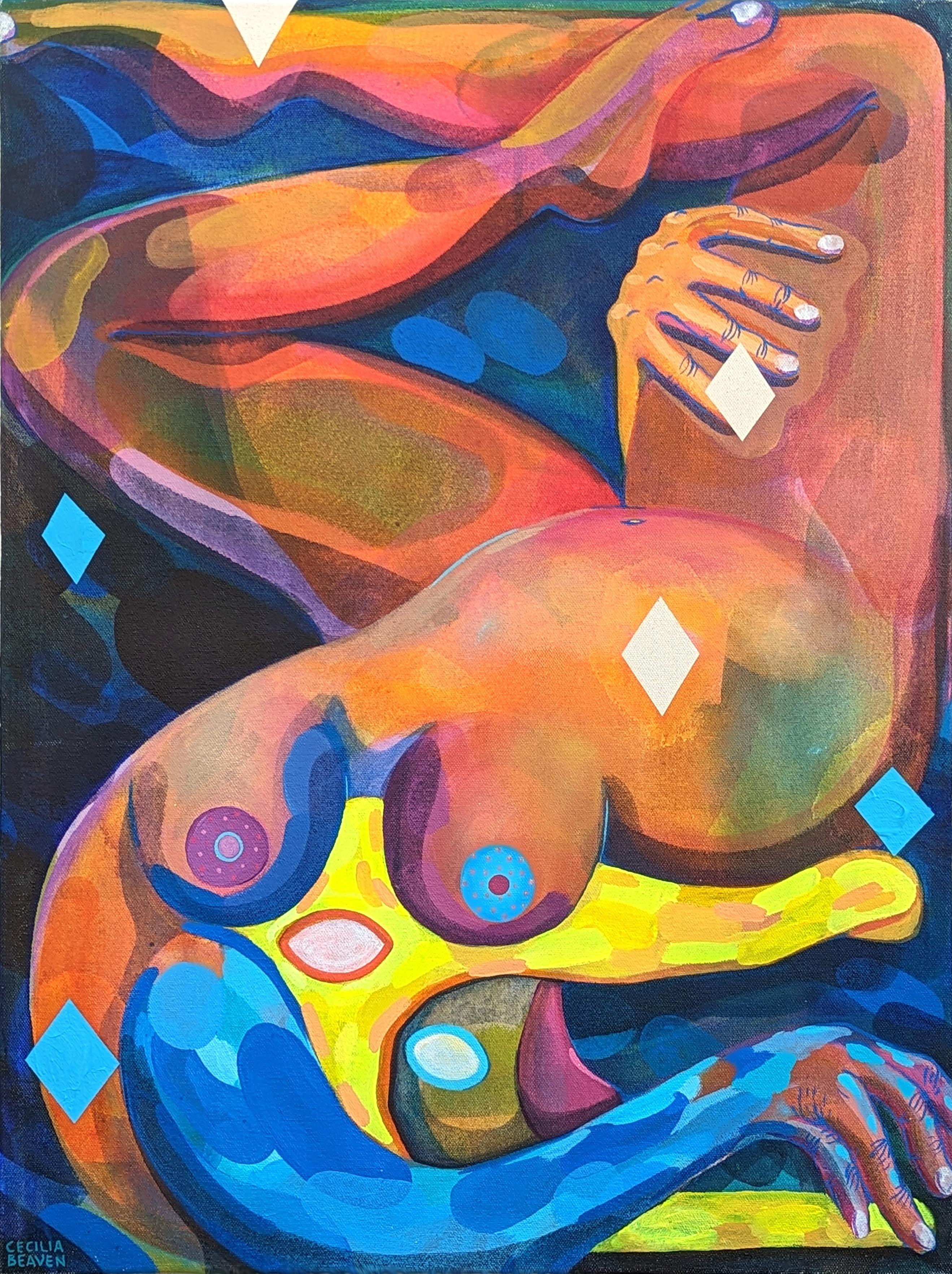 Figurative Painting Cecilia Beaven - Peinture abstraite contemporaine de figure biomorphique en alligator aux tons orange et bleu