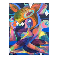 Peinture abstraite contemporaine de figure de cerf biomorphe aux tons orange et bleu