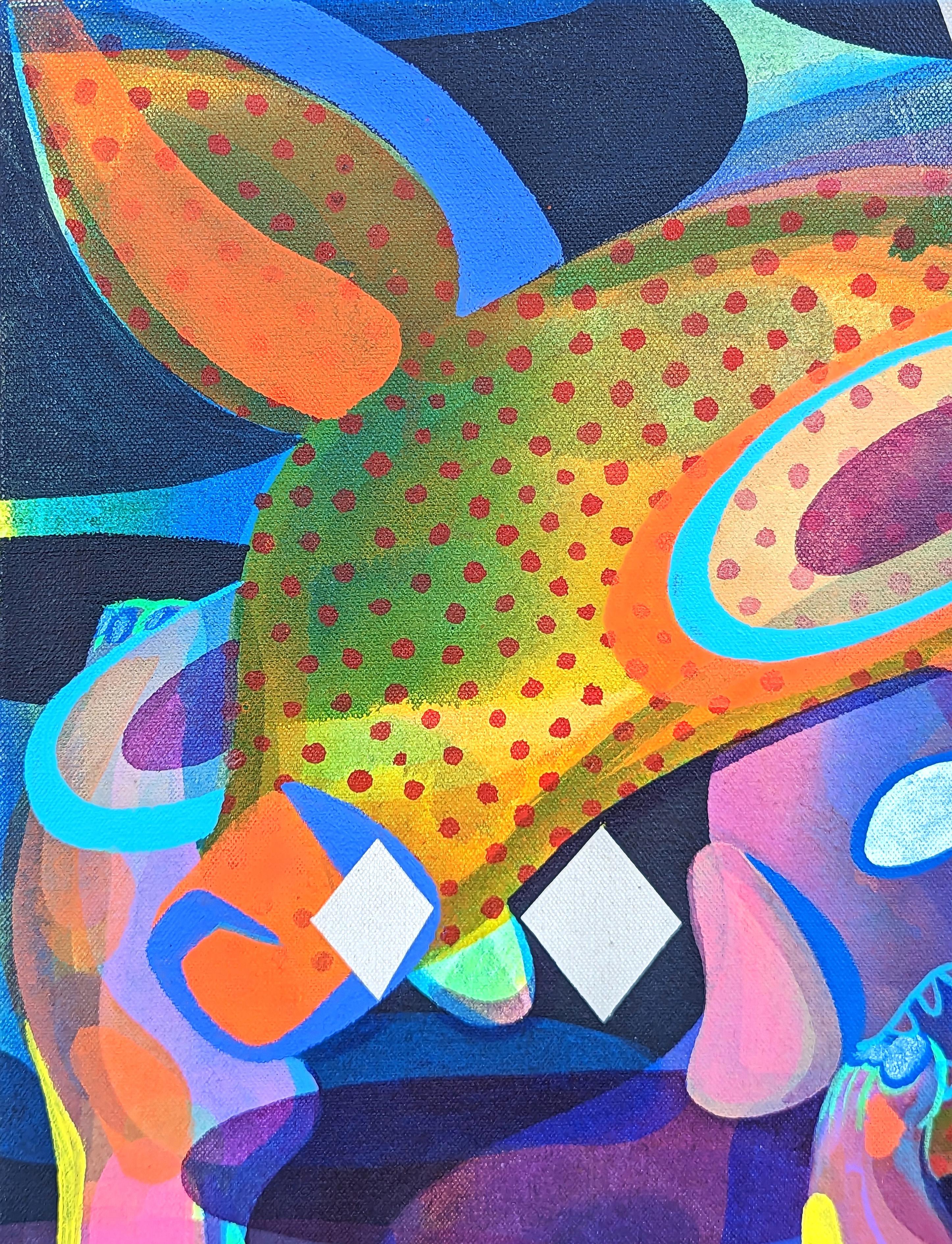 Contemporary orange and blue toned abstract painting by Chicago-based artist Cecilia Beaven. The work features a contorted deer inspired figure. Cecilia Beaven draws upon her early life in Mexico City as well as her own personal introspection to