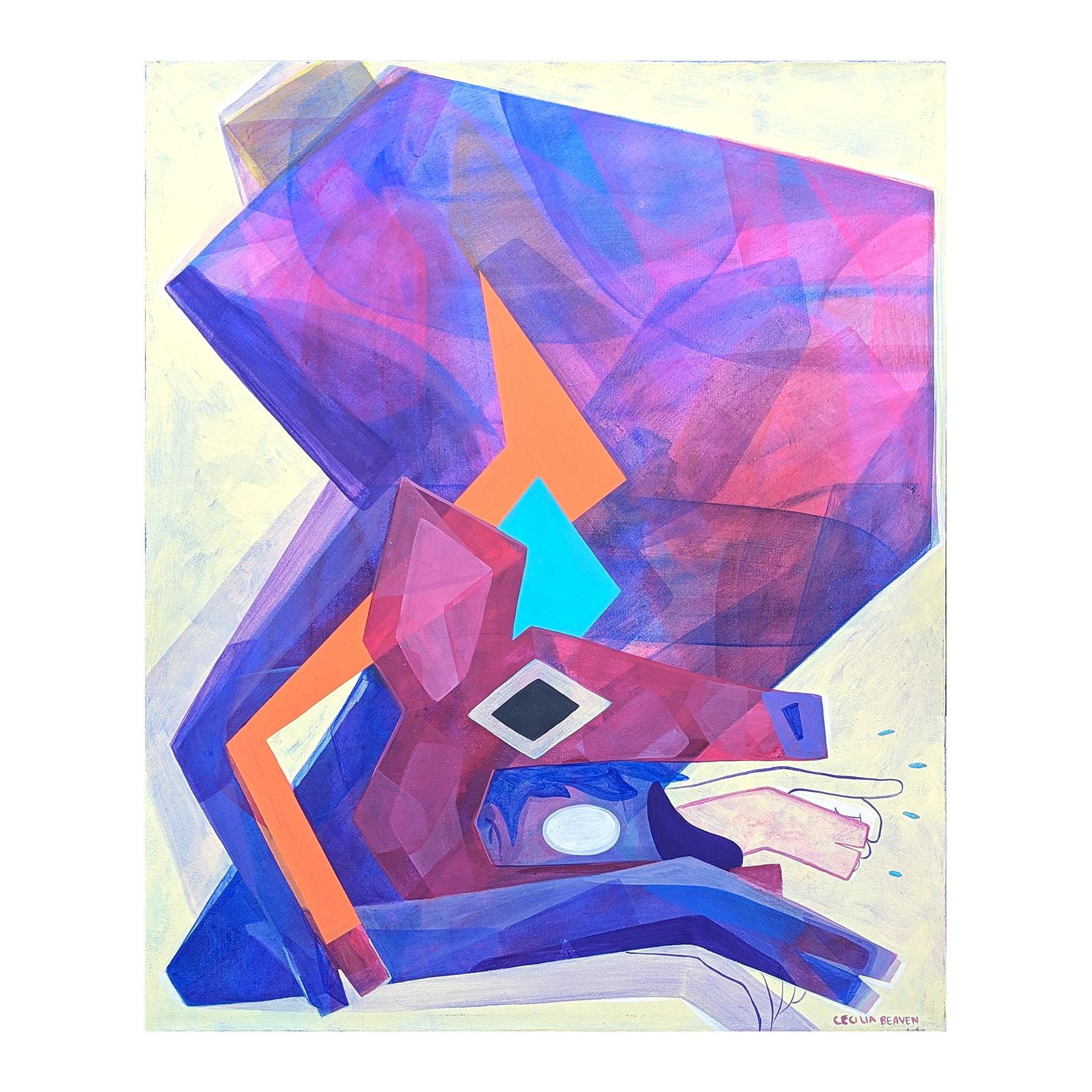 Contemporary orange, purple, and blue toned abstract painting by Chicago-based artist Cecilia Beaven. The work features a contorted deer inspired figure. Cecilia Beaven draws upon her early life in Mexico City as well as her own personal