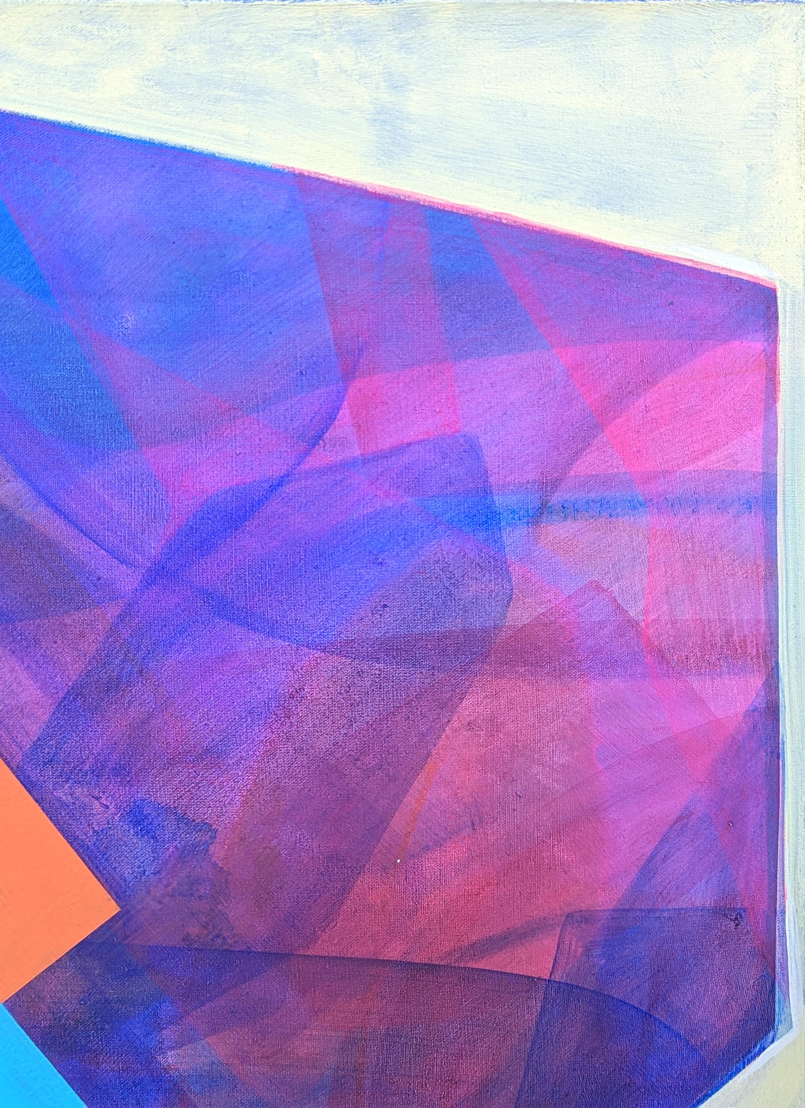 Pintura abstracta contemporánea en tonos naranja, morado y azul de la artista afincada en Chicago Cecilia Beaven. La obra presenta una figura contorsionada inspirada en un ciervo. Cecilia Beaven se basa en sus primeros años de vida en Ciudad de