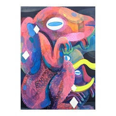 Contemporary Abstract Pink and Blue Toned Biomorphic Rabbit Figure Painting