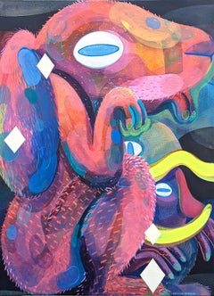 Pintura Contemporánea Abstracta Rosa y Azul Figura Biomorfa Conejo