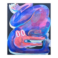 Peinture abstraite contemporaine de figure en alligator tournée rose et bleue biomorphe