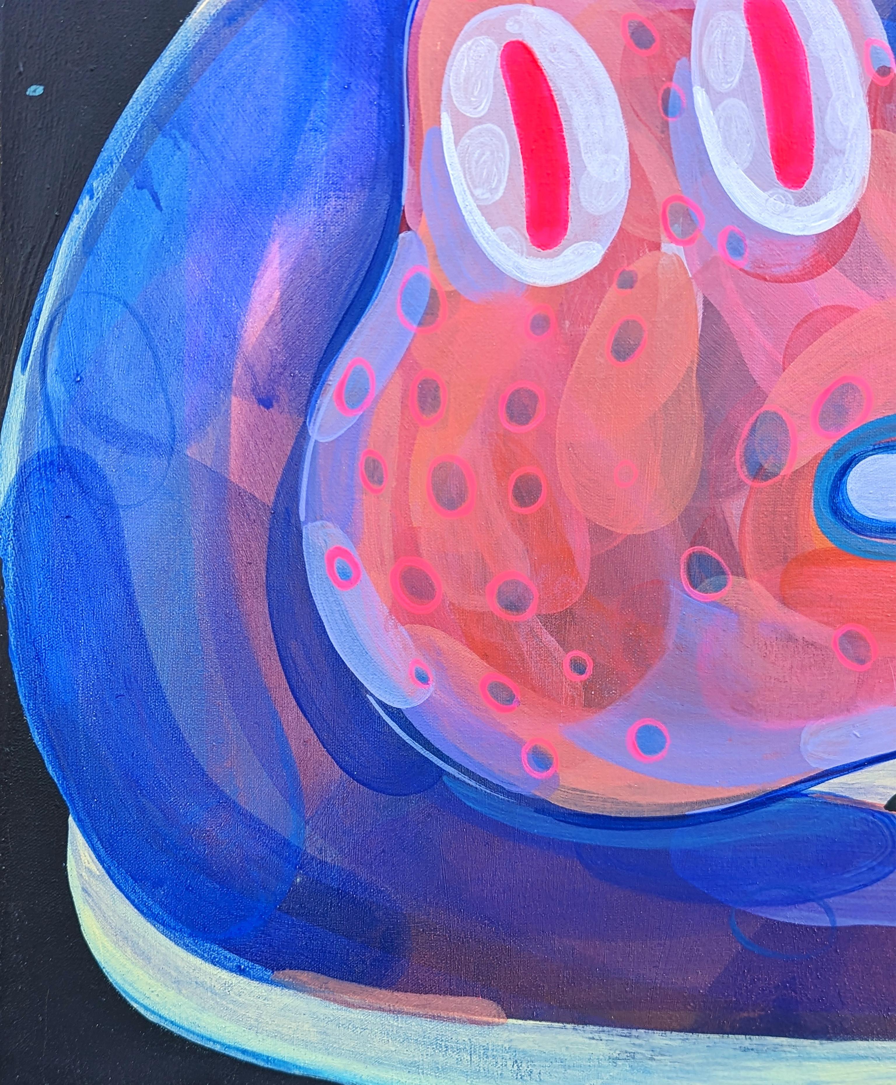 Pittura contemporanea astratta rosa e blu con figura di alligatore contorto biomorfo - Painting Contemporaneo di Cecilia Beaven
