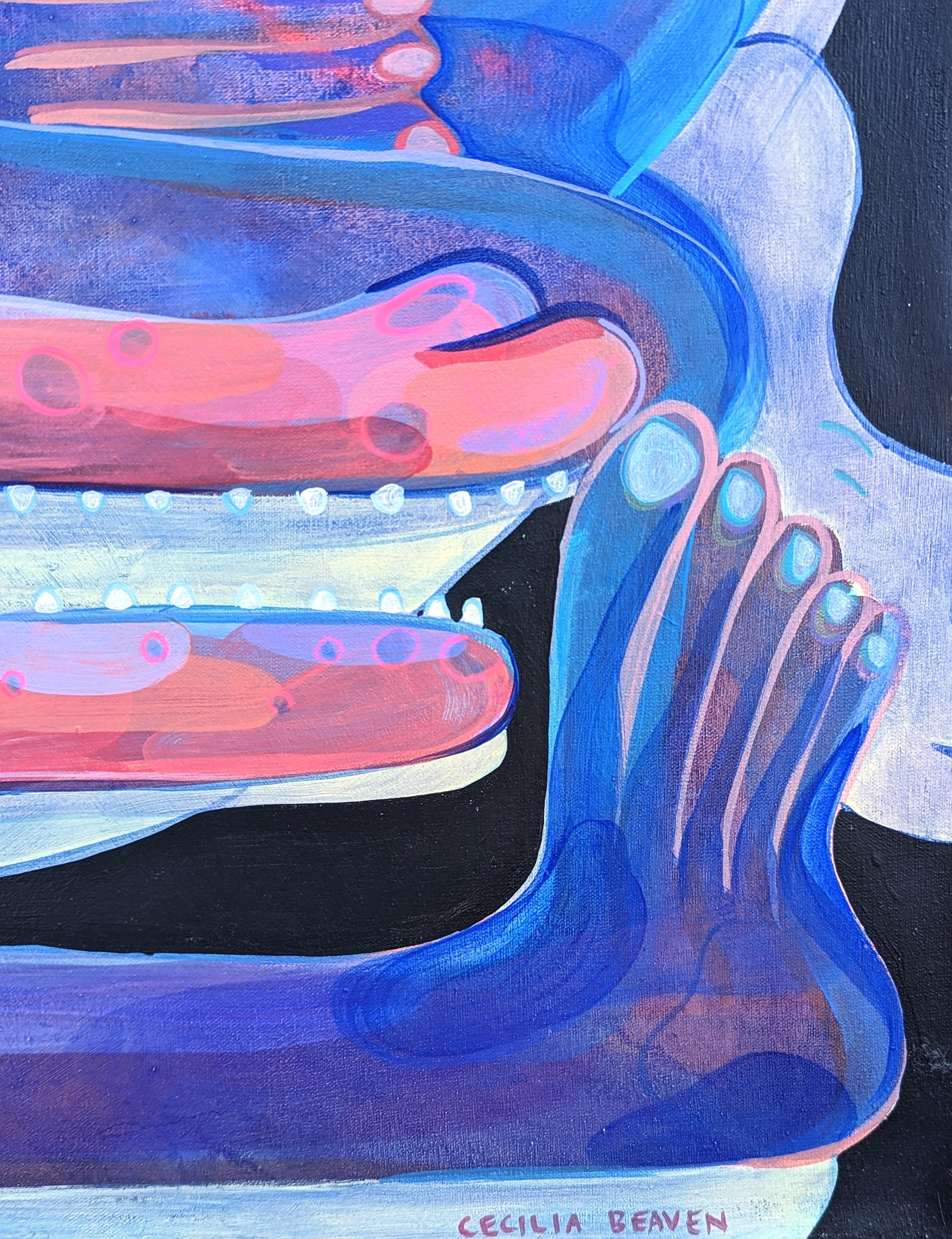 Contemporary pink and blue toned abstract painting by Chicago-based artist Cecilia Beaven. The work features a contorted crocodile or alligator inspired figure. Cecilia Beaven draws upon her early life in Mexico City as well as her own personal