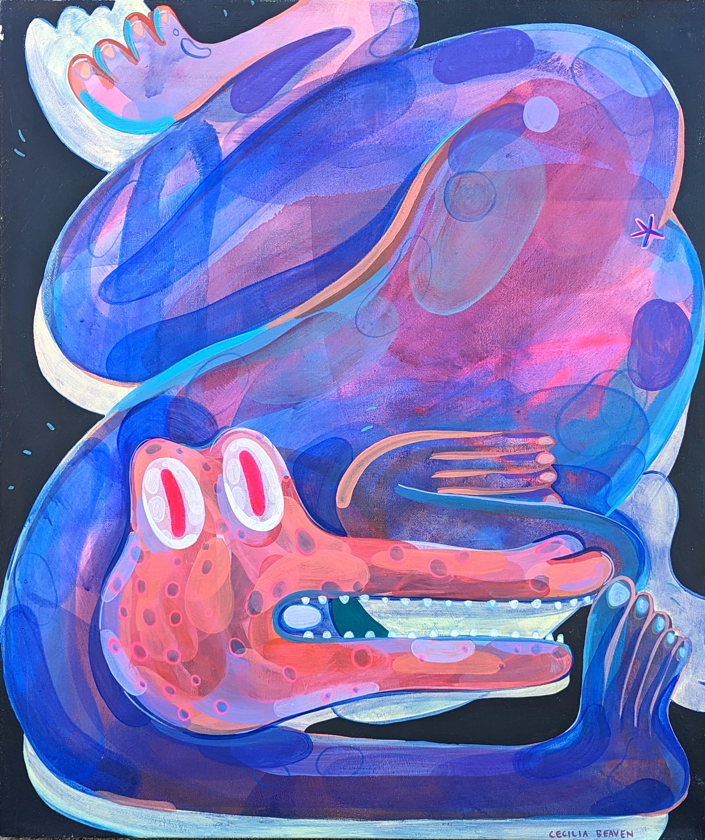 Cecilia Beaven Figurative Painting - Contemporary Abstract Pink & Blue Biomorphic Contorted Alligator Figure Painting