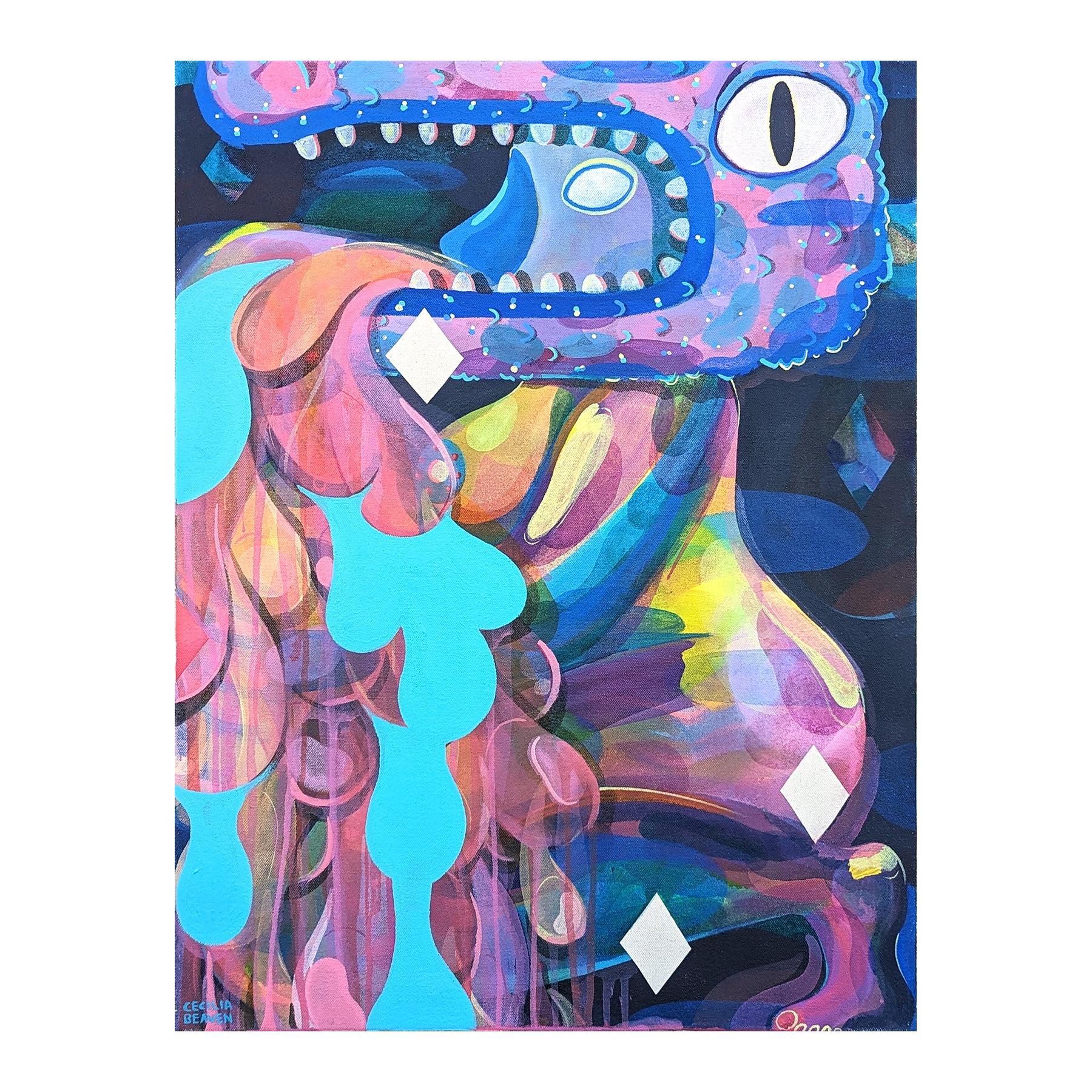 Contemporary purple and blue toned abstract painting by Chicago-based artist Cecilia Beaven. The work features a contorted dragon or alligator inspired figure. Cecilia Beaven draws upon her early life in Mexico City as well as her own personal