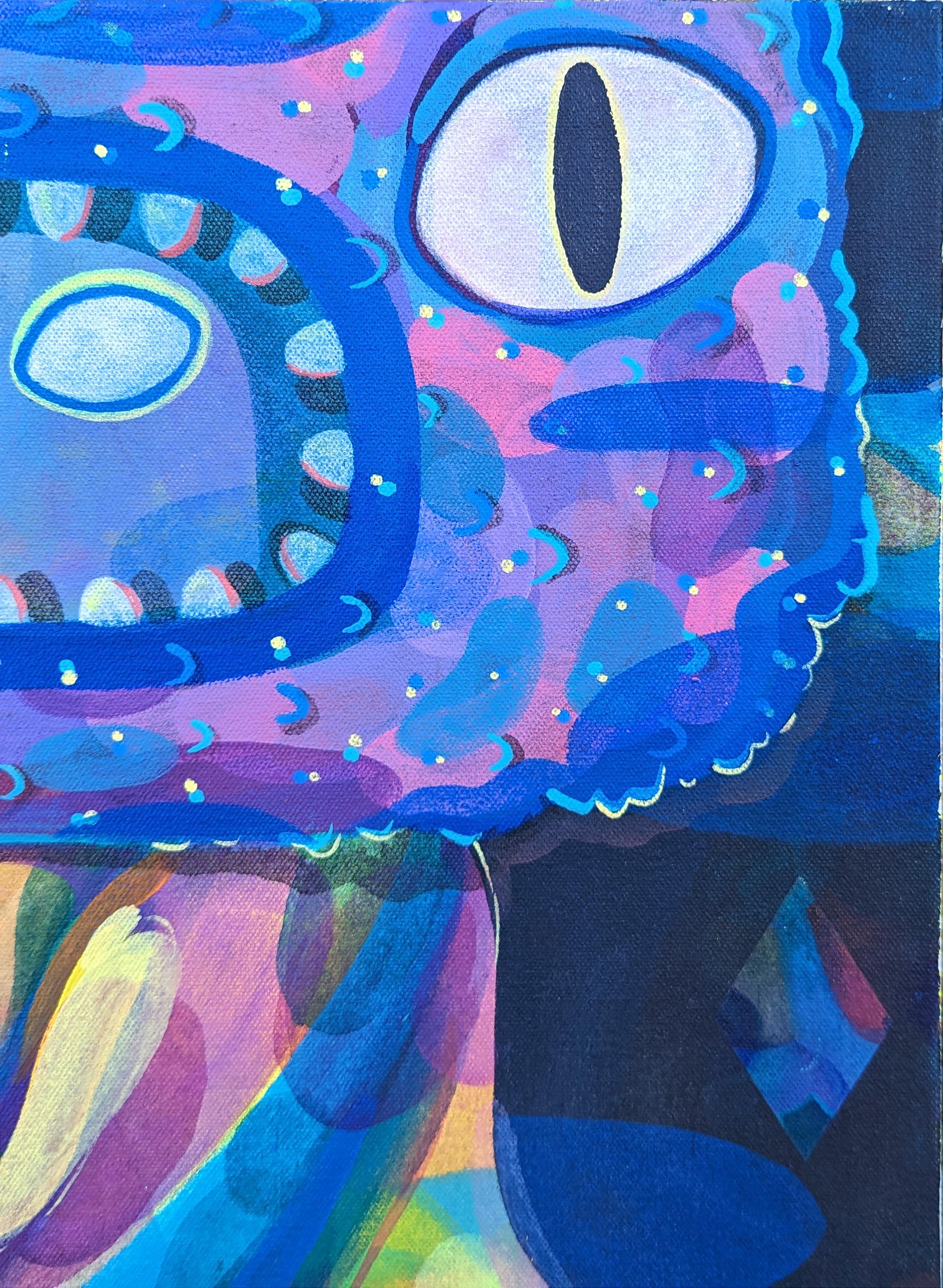 Contemporary Abstract Purple and Blue Toned Biomorphic Dragon Figure Painting For Sale 2