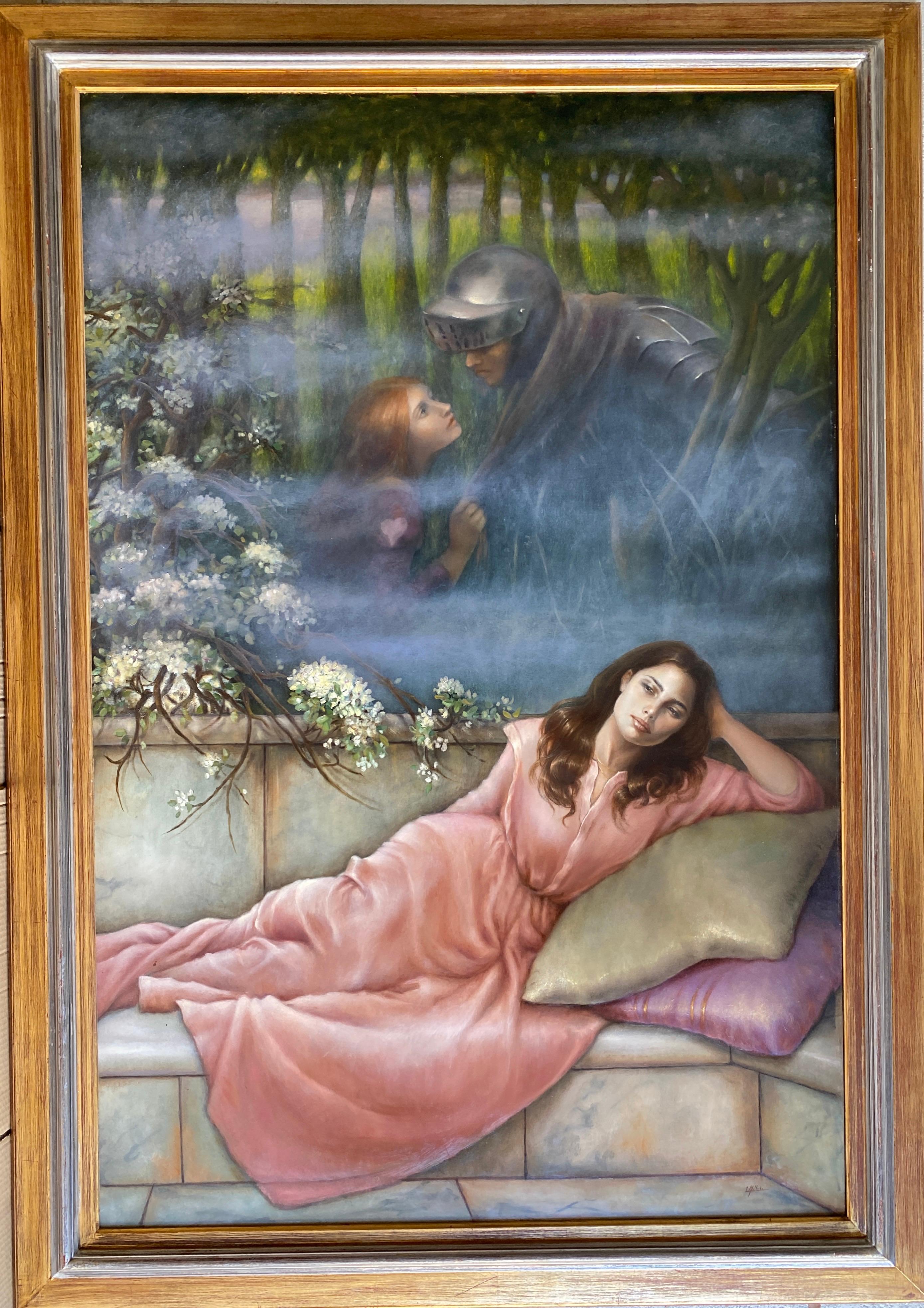 « Homenaje a Waterhouse », scène romantique dans le style préraphaélite. Huile sur panneau - Préraphaélite Painting par Cecilia Mellado