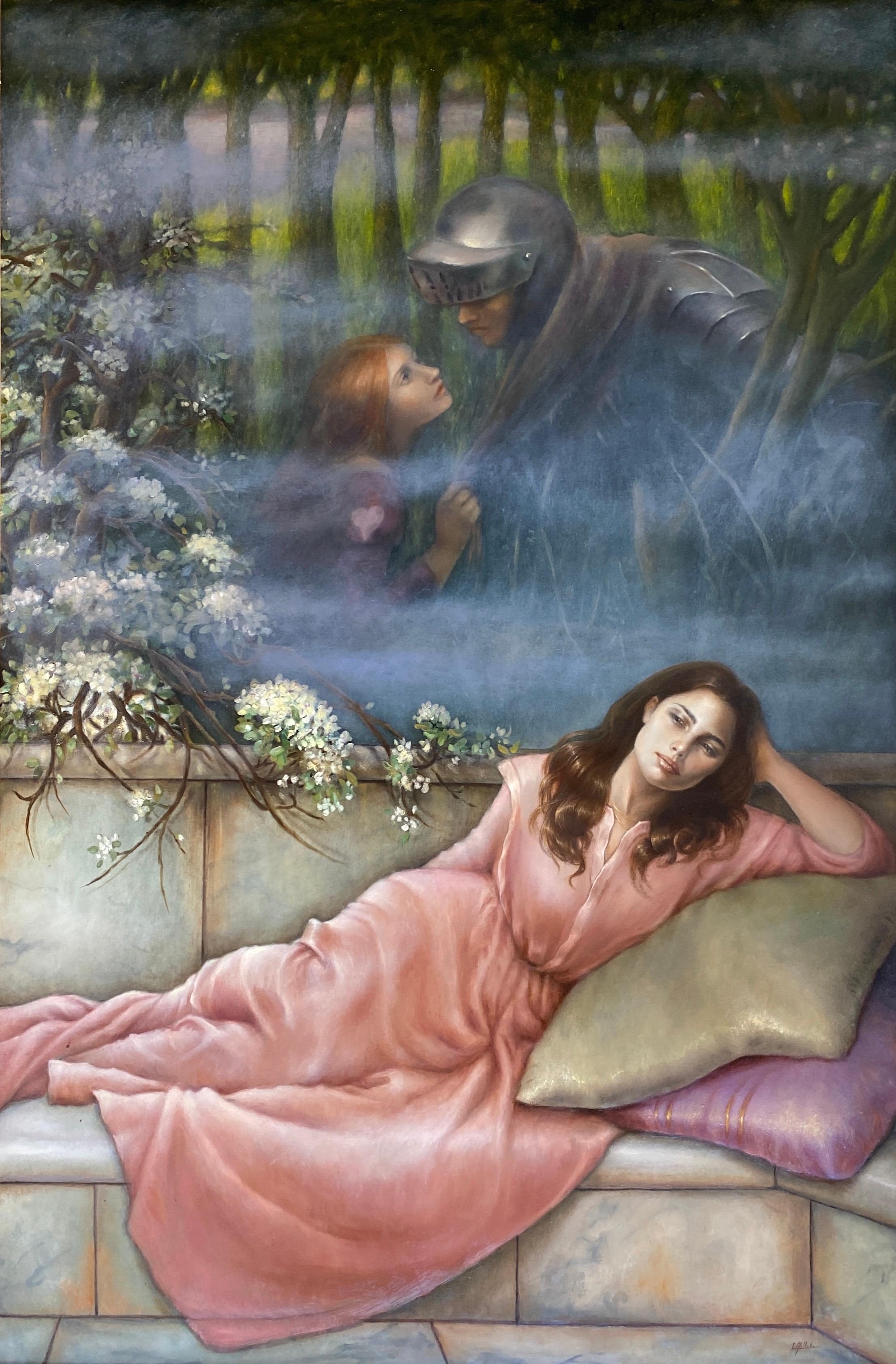 « Homenaje a Waterhouse », scène romantique dans le style préraphaélite. Huile sur panneau - Gris Portrait Painting par Cecilia Mellado