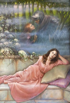 "Homenaje a Waterhouse" Escena romántica de estilo prerrafaelita. Óleo sobre tabla