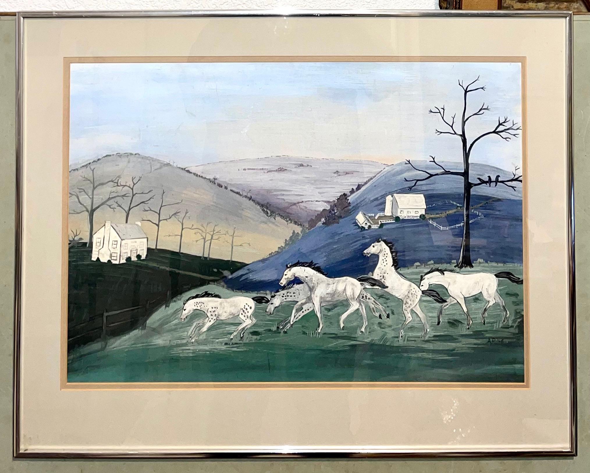 1948 American Folk Art Acuarela, Gouache, Pintura Granja de caballos, Caballos corriendo en venta 5