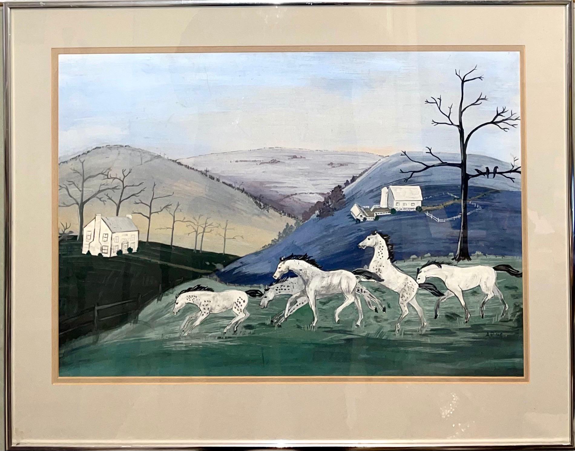 1948 amerikanische Volkskunst Aquarell, Gouache, Malerei Pferd auf Bauernhof, Reiter auf Pferden – Painting von Cecilia 