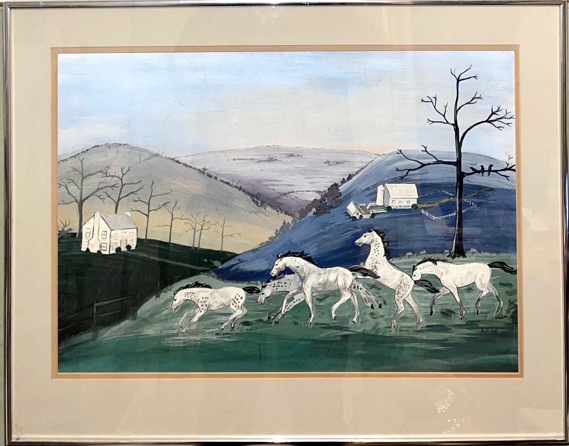 1948 American Folk Art Acuarela, Gouache, Pintura Granja de caballos, Caballos corriendo - Painting de Cecilia 