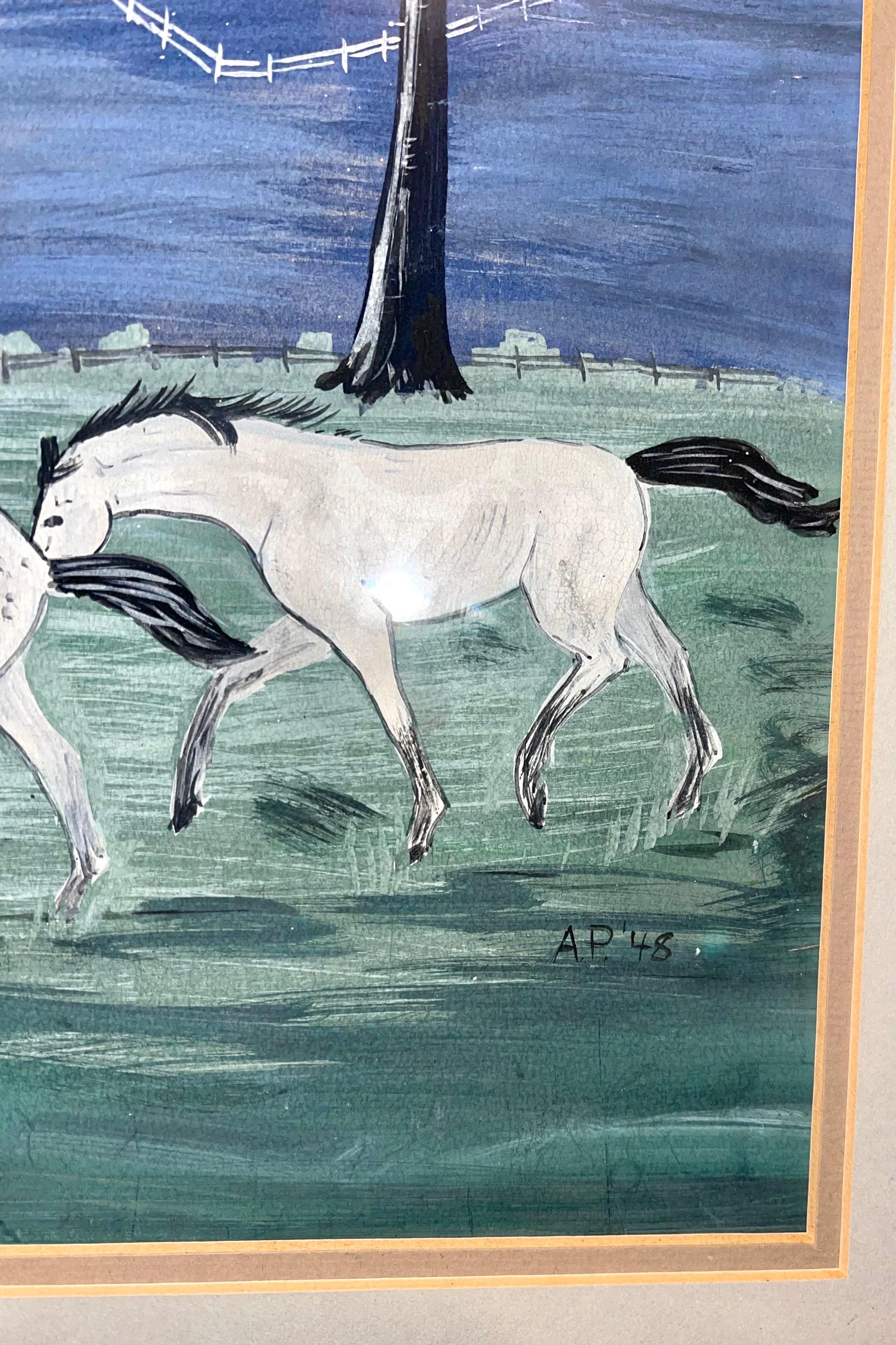1948 amerikanische Volkskunst Aquarell, Gouache, Malerei Pferd auf Bauernhof, Reiter auf Pferden (Grau), Animal Painting, von Cecilia 