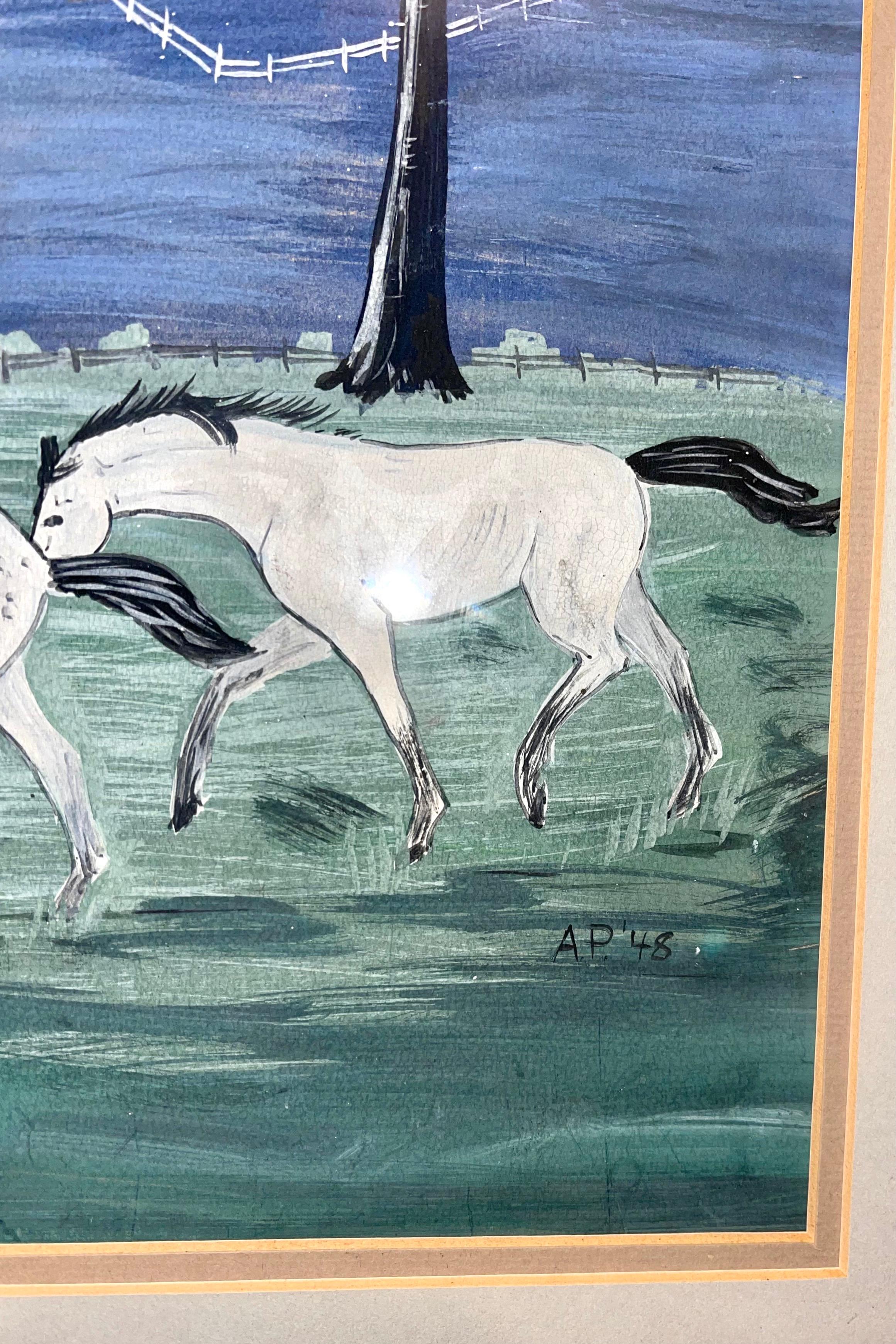 1948 American Folk Art Acuarela, Gouache, Pintura Granja de caballos, Caballos corriendo - Painting Arte popular de Cecilia 