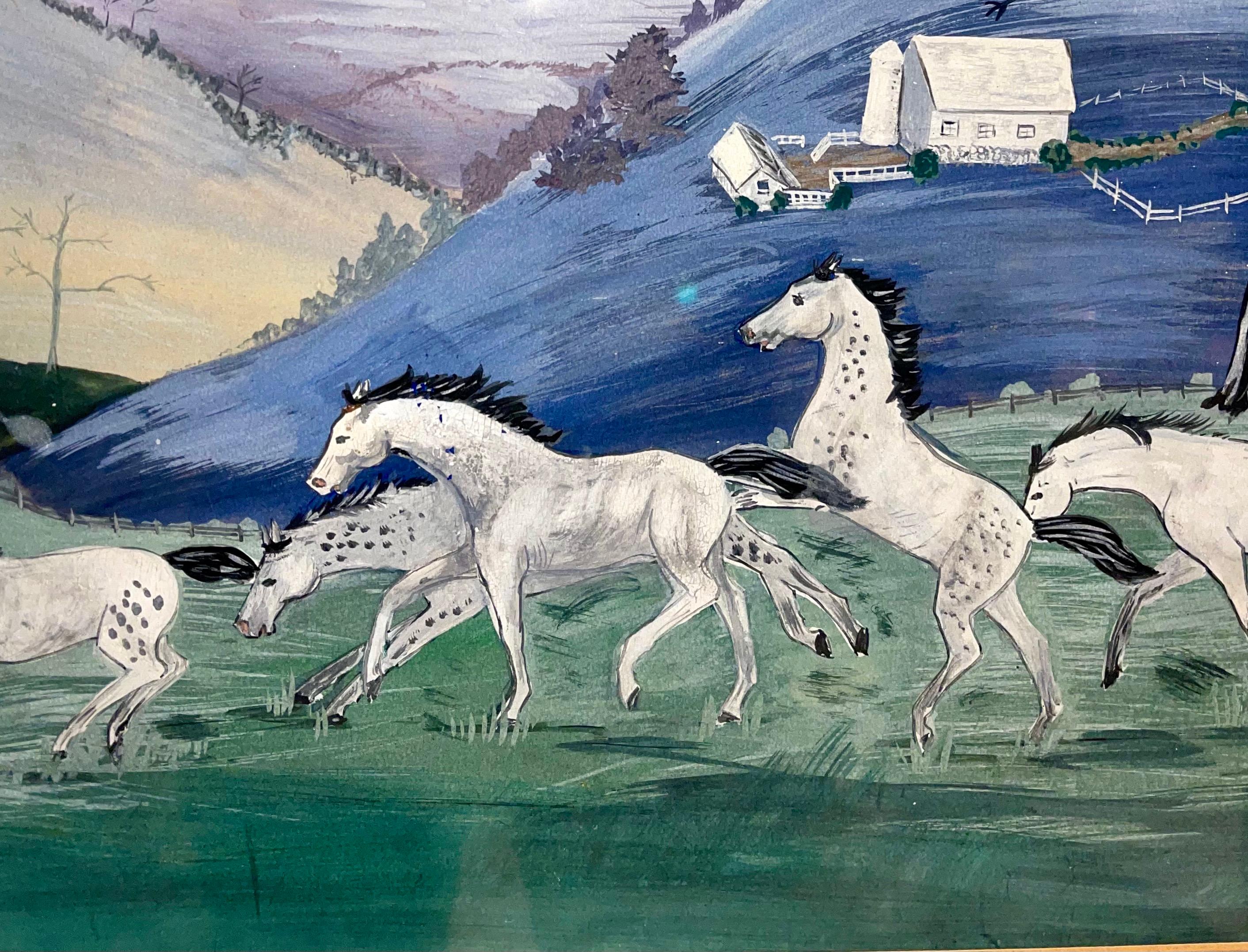 1948 American Folk Art Acuarela, Gouache, Pintura Granja de caballos, Caballos corriendo - Landscape Painting Gris de Cecilia 