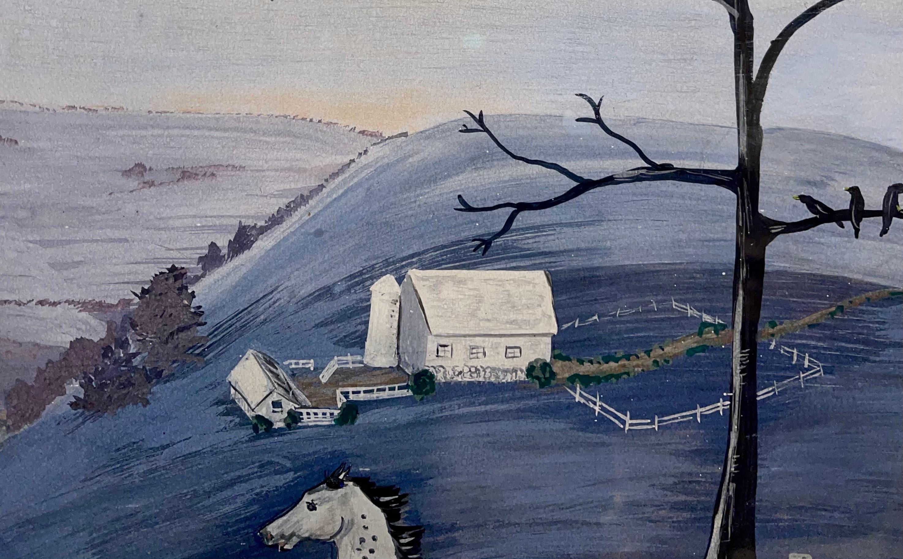 1948 amerikanische Volkskunst Aquarell, Gouache, Malerei Pferd auf Bauernhof, Reiter auf Pferden im Angebot 1