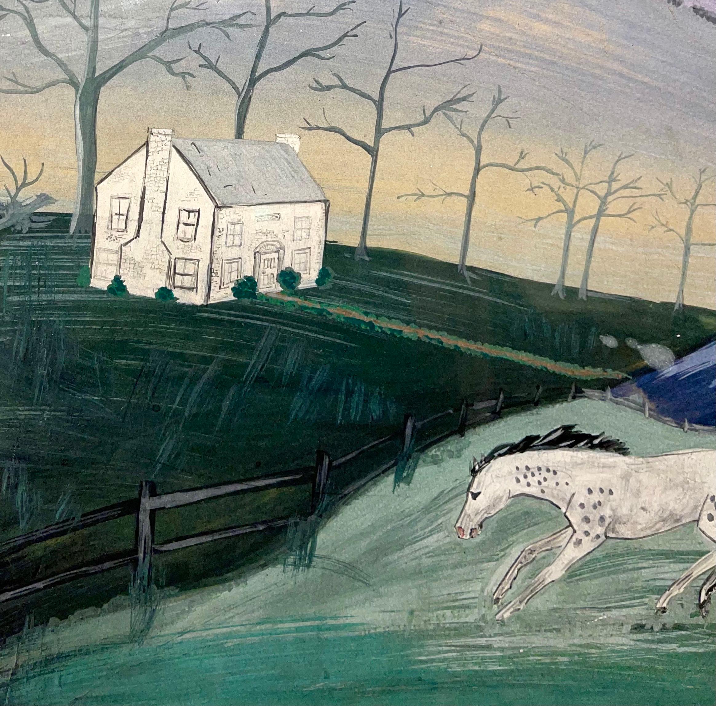 1948 American Folk Art Acuarela, Gouache, Pintura Granja de caballos, Caballos corriendo en venta 1