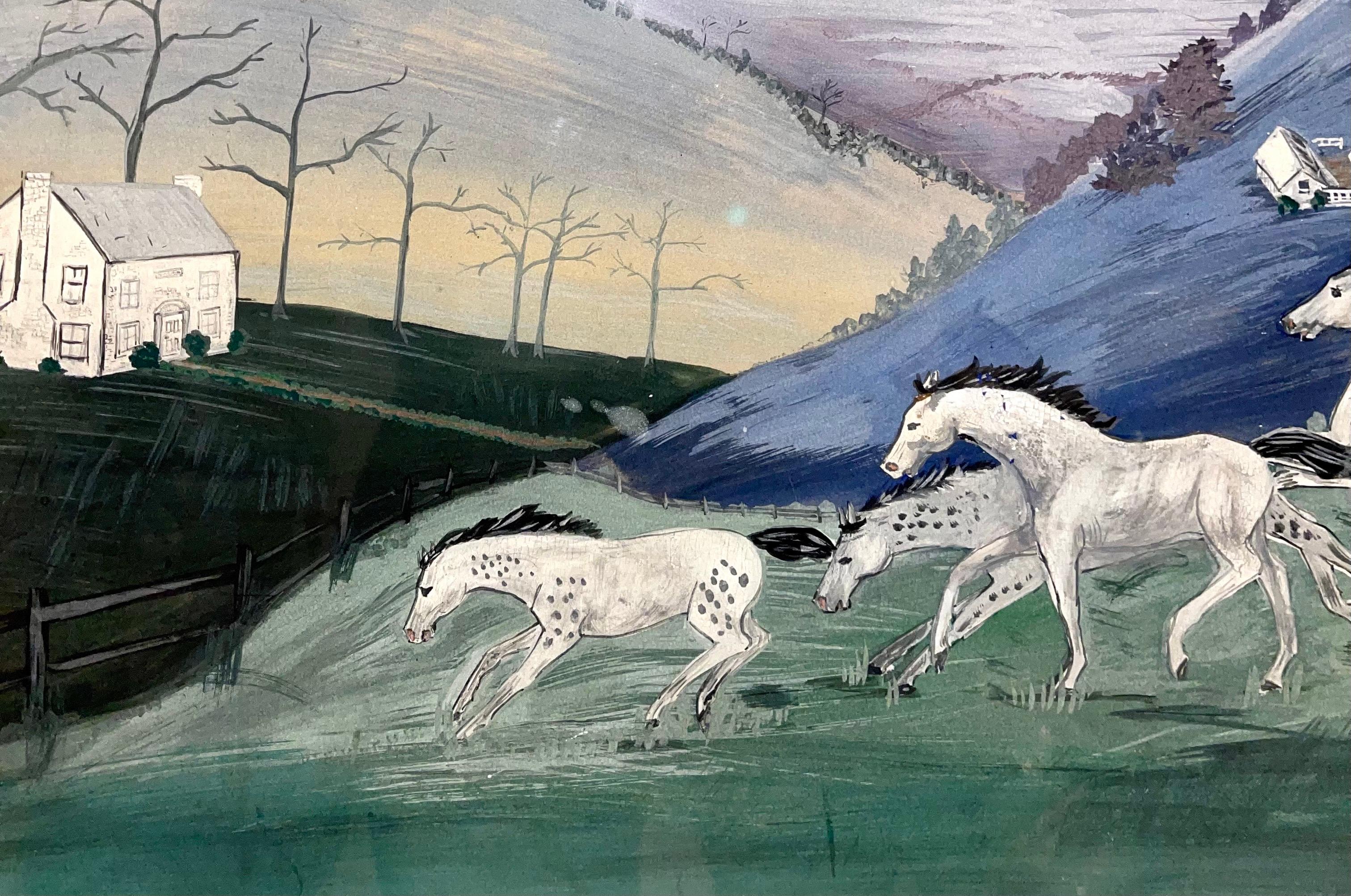 1948 American Folk Art Acuarela, Gouache, Pintura Granja de caballos, Caballos corriendo en venta 2