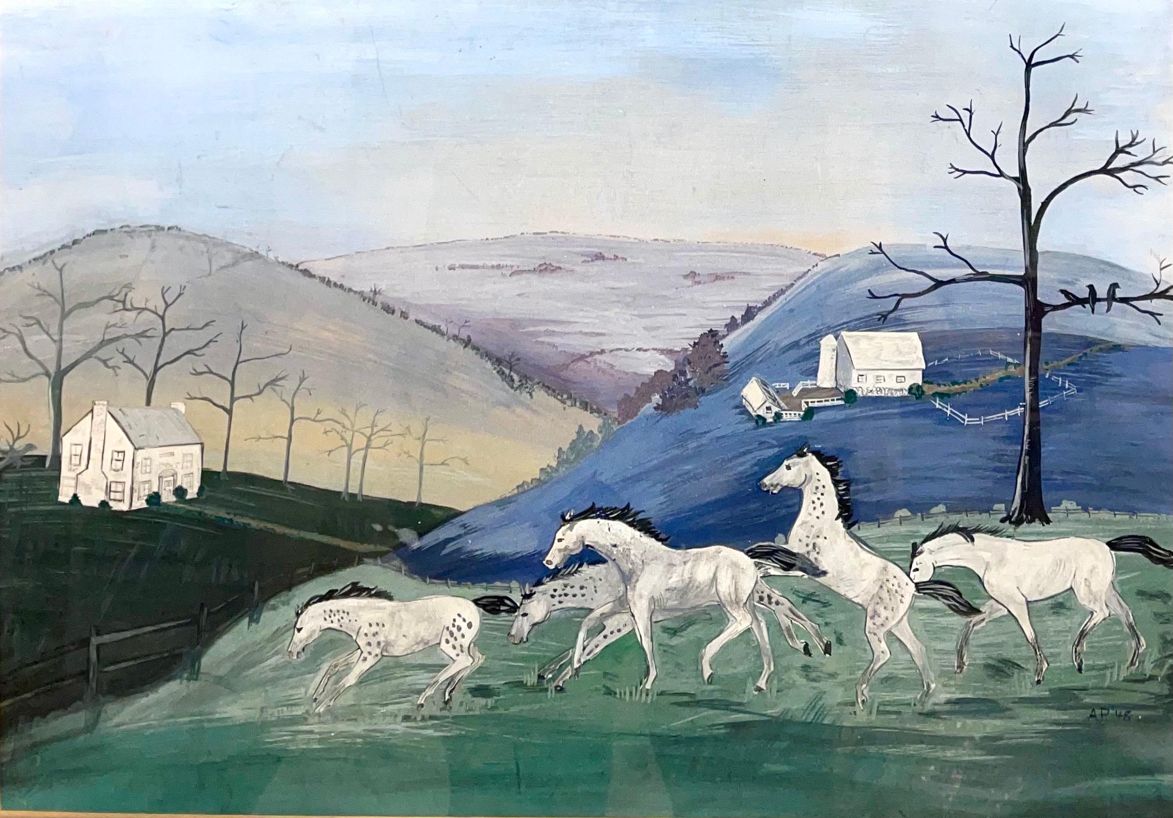 1948 amerikanische Volkskunst Aquarell, Gouache, Malerei Pferd auf Bauernhof, Reiter auf Pferden